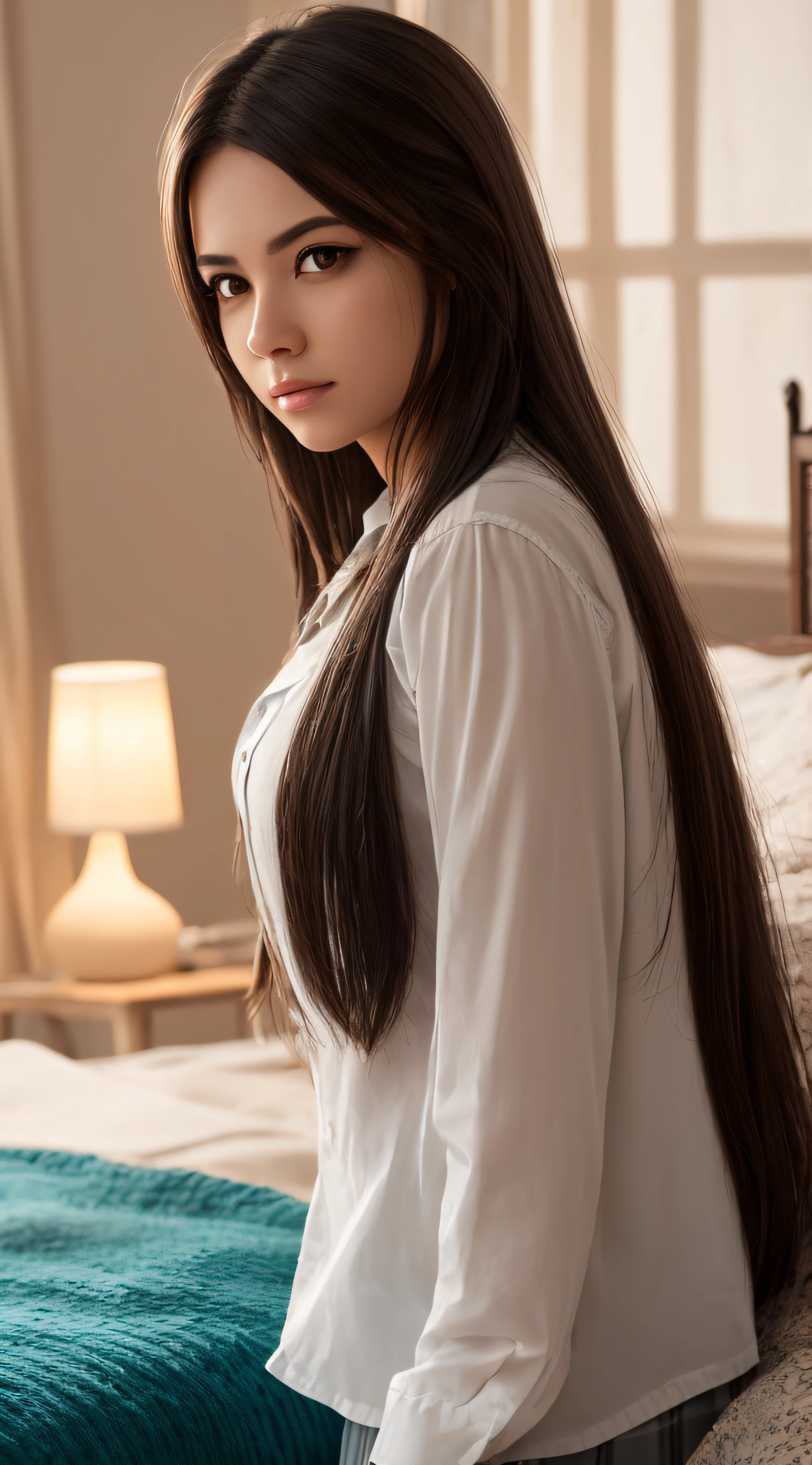 a shot of a beautiful sexy 28 year old asian woman from behind, Dark brown hair, straight hair, clear skin, made up, Brown eyes, big tits, with casual blouse and casual skirt, at home, natural lighting and shadows, hyperrealistic, detailed.