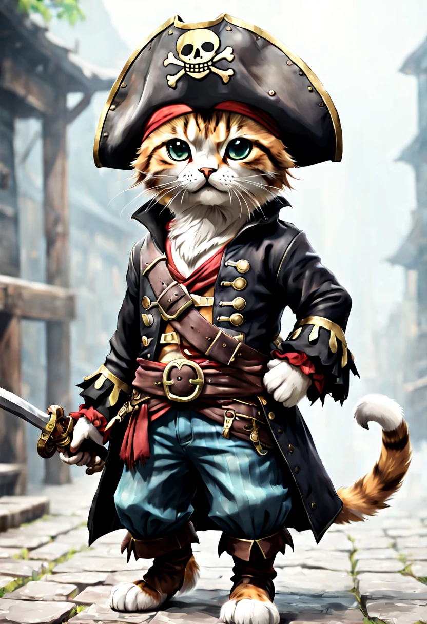Cute anime cat wearing pirate costume like One Piece cartoon, Detailed, Realistic, 8K UHD, High quality