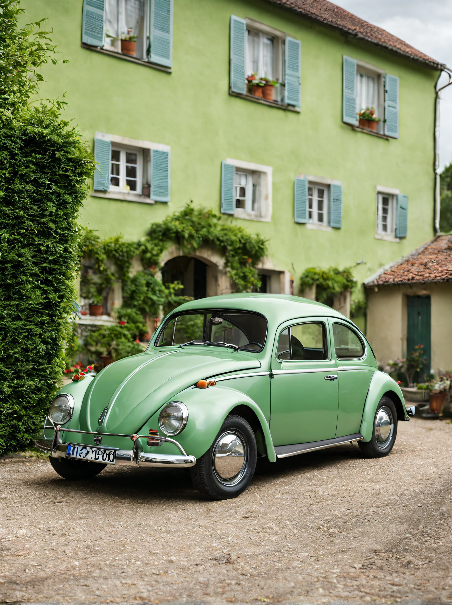 outside view, a wide and full shot, ((front view)), outside view, interesting shooting, outside a house, outside view, realistic image of a light green car, volkswagen fusca 1950