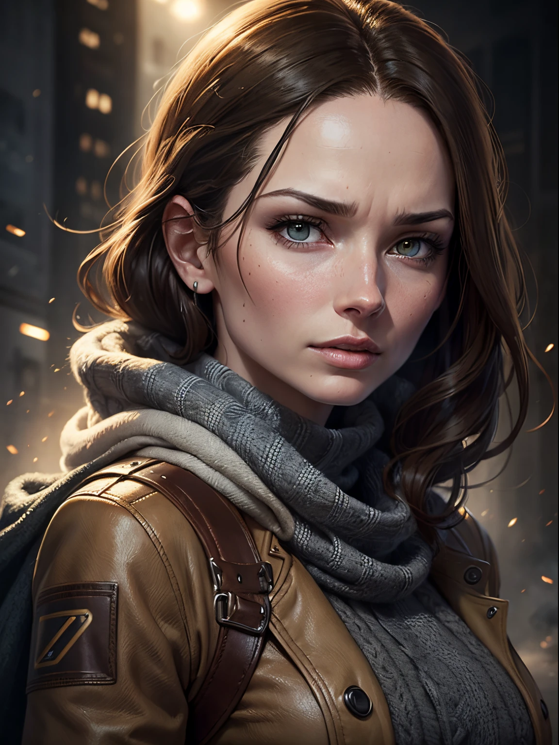 Rebecca Ferguson, square on shot, scruffy jacket, jumper and keffiyeh, head and shoulders, photorealistic, looking directly at viewer, moist skin, serious expression, dramatic lighting