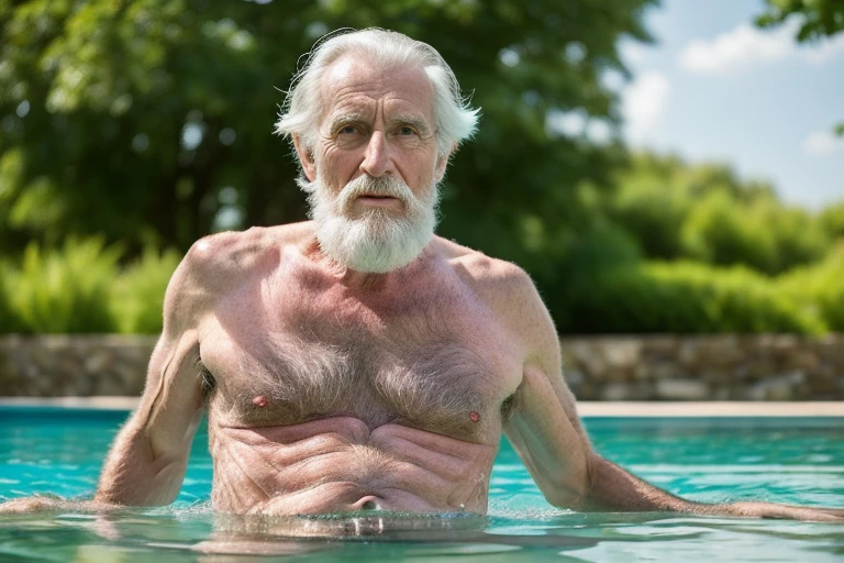 John Glover, An elder with a long beard and white hair, with a serene face wrinkles, looking producing, body older weak, skinny bones hairy, body naked, his shirt was open to reveal his stomach wrinkles older hairy weak and chest, arms legs neck hands feet skinny old and weak, shy and blushed, wish to fuck him as bottom gay, Lying in swimming pool ,water lily,master-piece,4K images,beste-Qualit