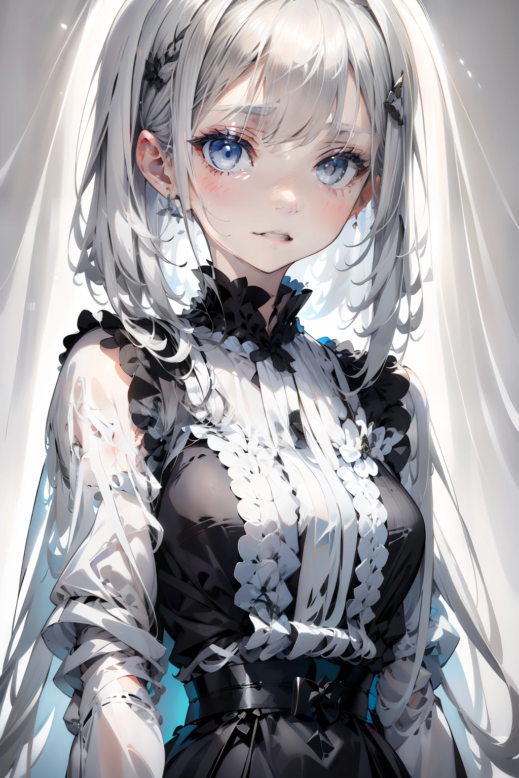 【Highest Quality, masutepiece】 [girl, Manteau, expressioness, front facing, Grey hair, Slender beauty,straight haired, Short hair ,Upper body] (Gray white background:1.5),No smile,