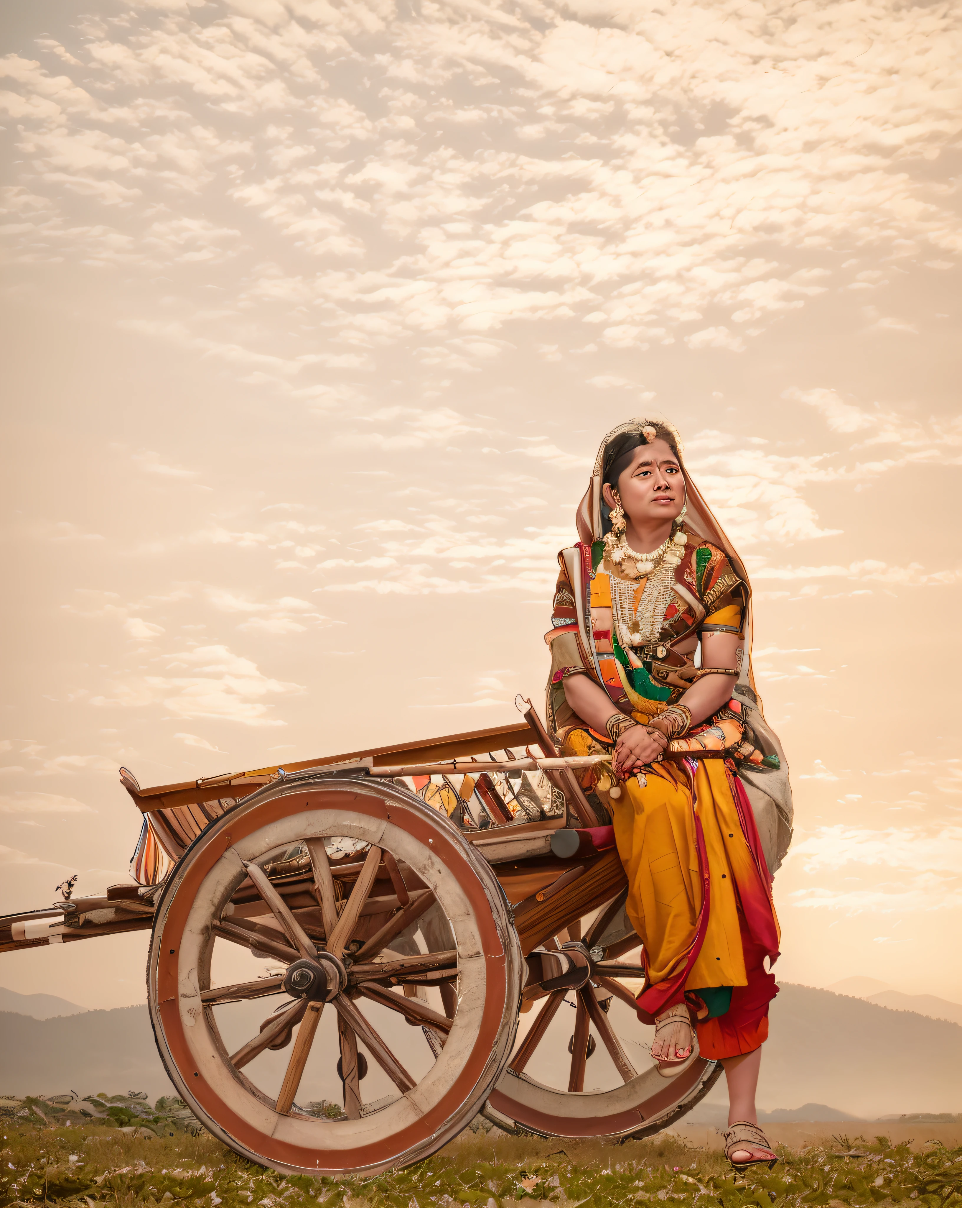 Ultra 8k, realistic painting, woman sitting on a colorful cart in a field with a mountain in the background, traditional beauty, traditional photography, photo taken with nikon d750, photo taken with nikon d 7 5 0, portrait shot, wearing bihu dress mekhela sador, shot on canon eos r 5, shot on canon eos r5, assamese aesthetic, indian style, oil painting 8k