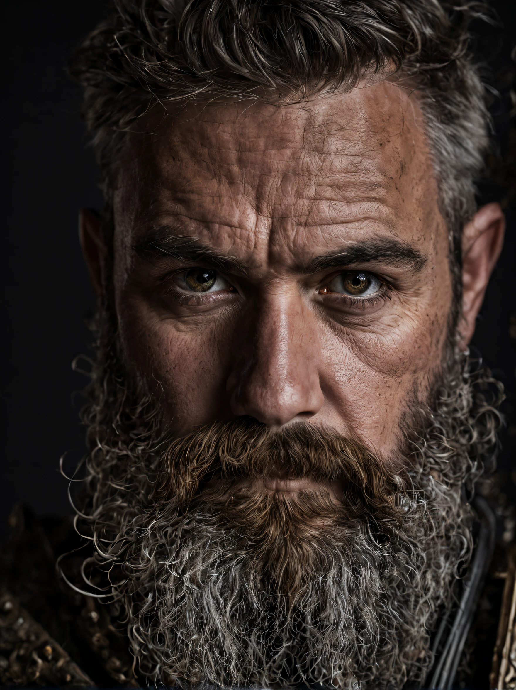 a portrait of a warrior, bearded, stout, weathered, with piercing eyes, detailed face, high details, photography, dark studio, rim light, leica mp, noctilux 50mm, f/1.0