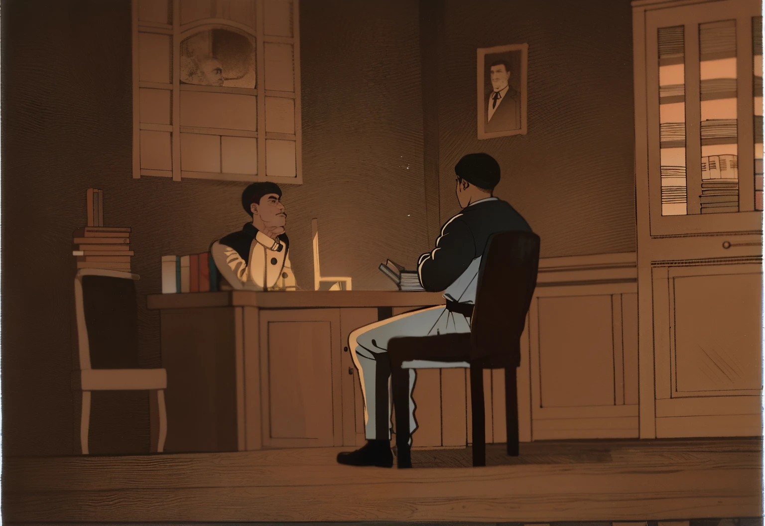 books and lamps on the desk, the man in front wears a black coat and black pants