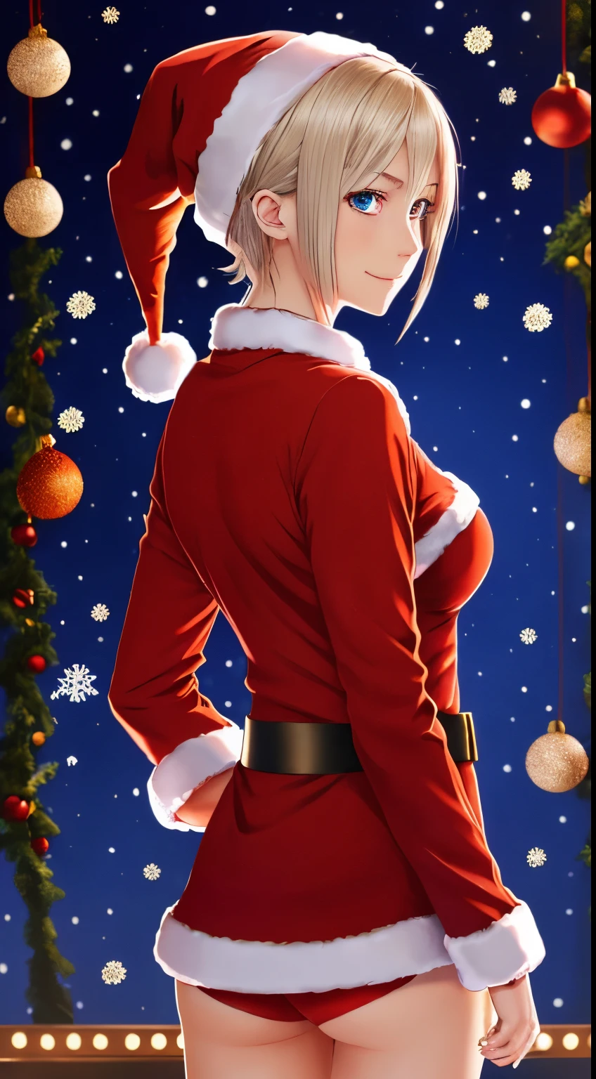 masutepiece, Best Quality, Ultra-detailed, Illustration,1girl in, Looking at Viewer, Best Quality,depth of fields,(Closed mouth,lightsmile,Blue eyes:1.1),Beautiful detailed glow , (santa costume:1.3),(hands behind back:1.3),(arms behind back:1.3),loimu (arknights),