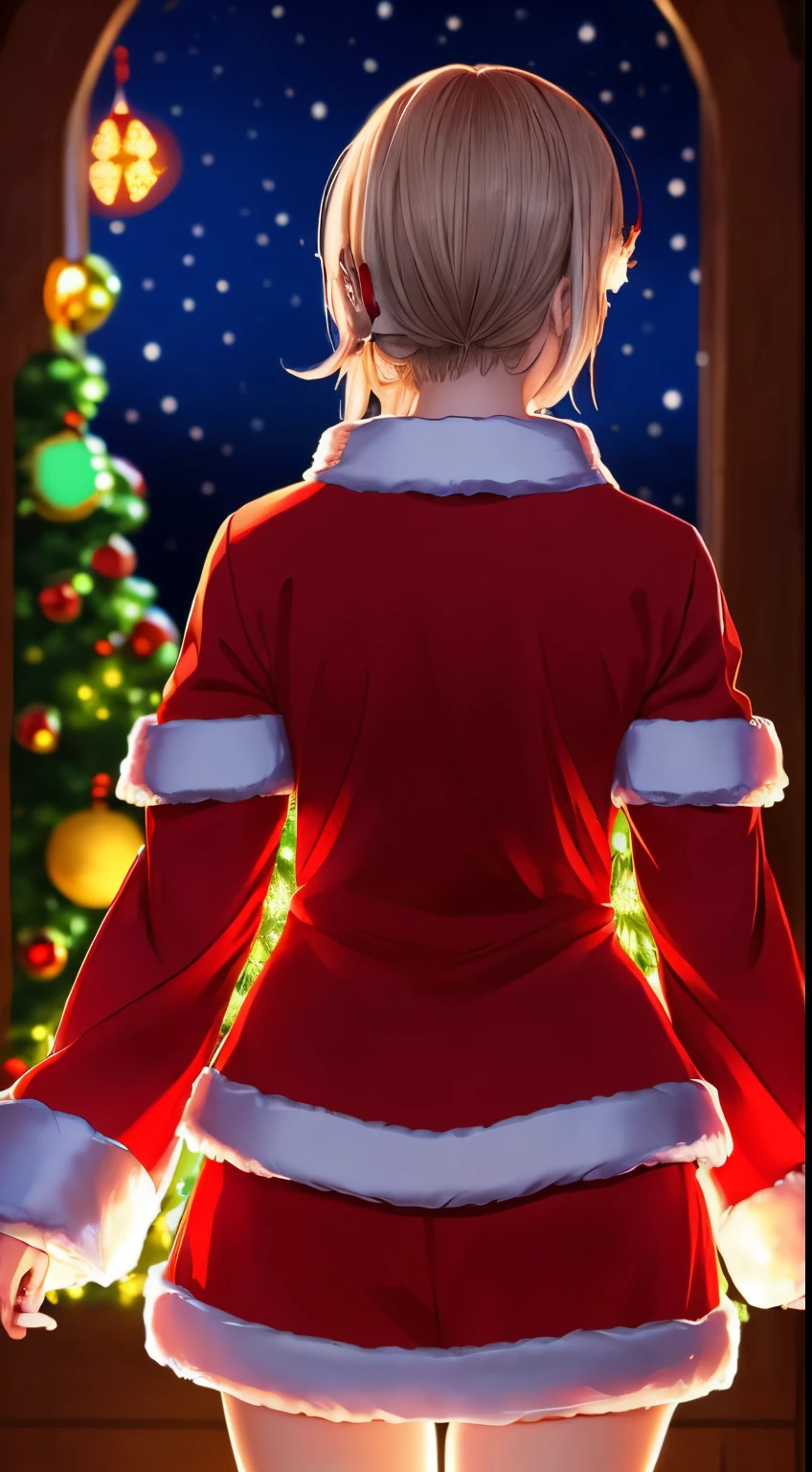 masutepiece, Best Quality, Ultra-detailed, Illustration,1girl in, Looking at Viewer, Best Quality,depth of fields,(Closed mouth,lightsmile,Blue eyes:1.1),Beautiful detailed glow , (santa costume:1.3),(hands behind back:1.3),(arms behind back:1.3),loimu (arknights),