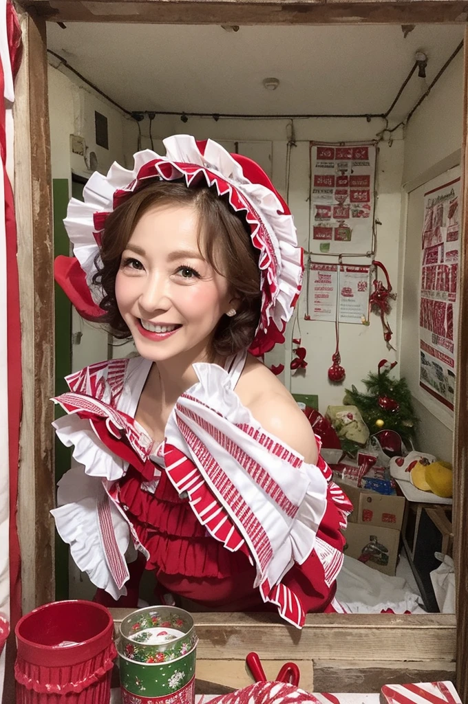 hightquality、high-level image quality、hight resolution、8K、​masterpiece)、two beautiful mature women、56 years old、a blond、Big、Smiling、((All she wears is a micro mini bikini with small frills in red and white Christmas colors.:1.5))、((Dancing happily:1.5))、Old house、Jumbled background、(Messy room:1.2)、Sprinkled with flashy anime posters and photos and colorful toys