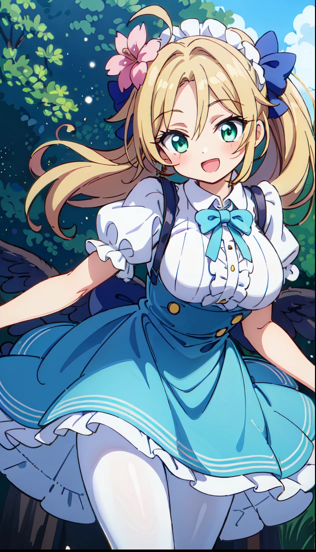 (masutepiece, Best Quality, Perfect Anatomy, High quality:1.4), absurderes, absolutely resolution, unbelievable Ridiculous, hight resolution, ultra-detailliert, Official art, Unity 8k壁纸, Kinetic typography,nice hand, Perfect hands, Detailed beautiful hands, Large_filesize, fulcolor, hight resolution, symmetric, exceptional, Best aesthetic, newest, Anime, very beautiful detailed body,The hair,faces,The eye, , BREAK,
1 beautiful girl, girl with, (Cute:1.5),(Chibi:0.5),(kawaii:2.0),(Lori:2.0),( girl),(large full breasts:1.65),(Ahoge,High Ponytail,Blonde hair, blue bow, Green eyes,eyebrows visible through hair,side locks,Parted bangs,Long hair, Hair Flower, Hair Ornament, Big ribbon in the hair, Curly hair,Bow:1.4),:el,White feathers, one white winged, Angel wings,Spread wings, Glowing wings),pitt \(Kid Icarus\),gleaming skin, Clear skin, shining beautiful skin, Open mouth,Smile, Solo, tusk, Upper teeth,(long eyelashes, Double eyelids:1.2),Solo,gleaming skin, Clear skin, Beautiful skin,(best quality face),(Top quality glowing eyes),(The best smile,Doya face:1.45),
BREAK (white and light-green theme:1.4), ((gothic lolita, classic and cute fashion):1.2), (light-green classic-bonnet on head:1.4), (fusion of light-green jumper-skirt and white blouse:1.5), (light-green (overalls skirt, jumper-skirt) with white ruffles:1.4), (big light-green ribbon bow on skirt:1.4), ((short sleeves, bishop sleeves):1.3), (crinoline:1.2), (oversized multilayer-skirt with ruffles:1.3), (white pantyhose:1.2), (Place multi-layered white ruffles on front of the skirt:1.3),
BREAK (pink Detailed embroidery on skirt:1.4), (loafers:1.1),
BREAK sitting, knees up,
Outdoors, day, Blue sky, cumulonimbus clouds, Sunlight, Flowers, garden, forest, Soto, Trees, Wind, Windy, Nature, tussock, (camping:1.4),depth of fields,
BREAK,wakame,wakame,wakame,(Dynamic Poses, Dynamic Angle, close-up, Cowboy Shot, Cowboy Shot:1.4),
BREAK,(Blurry background:1.3),(absurderes, hight resolution, Super Detail Art),cel shading,Clear Color, Lonely optical effect, Beautiful pictures, Bright glow, mystic atmosphere,(Close-up of girl:1.1), Mystical light particle effect,manga influence, clean line drawings,
nice hand, Perfect hands,