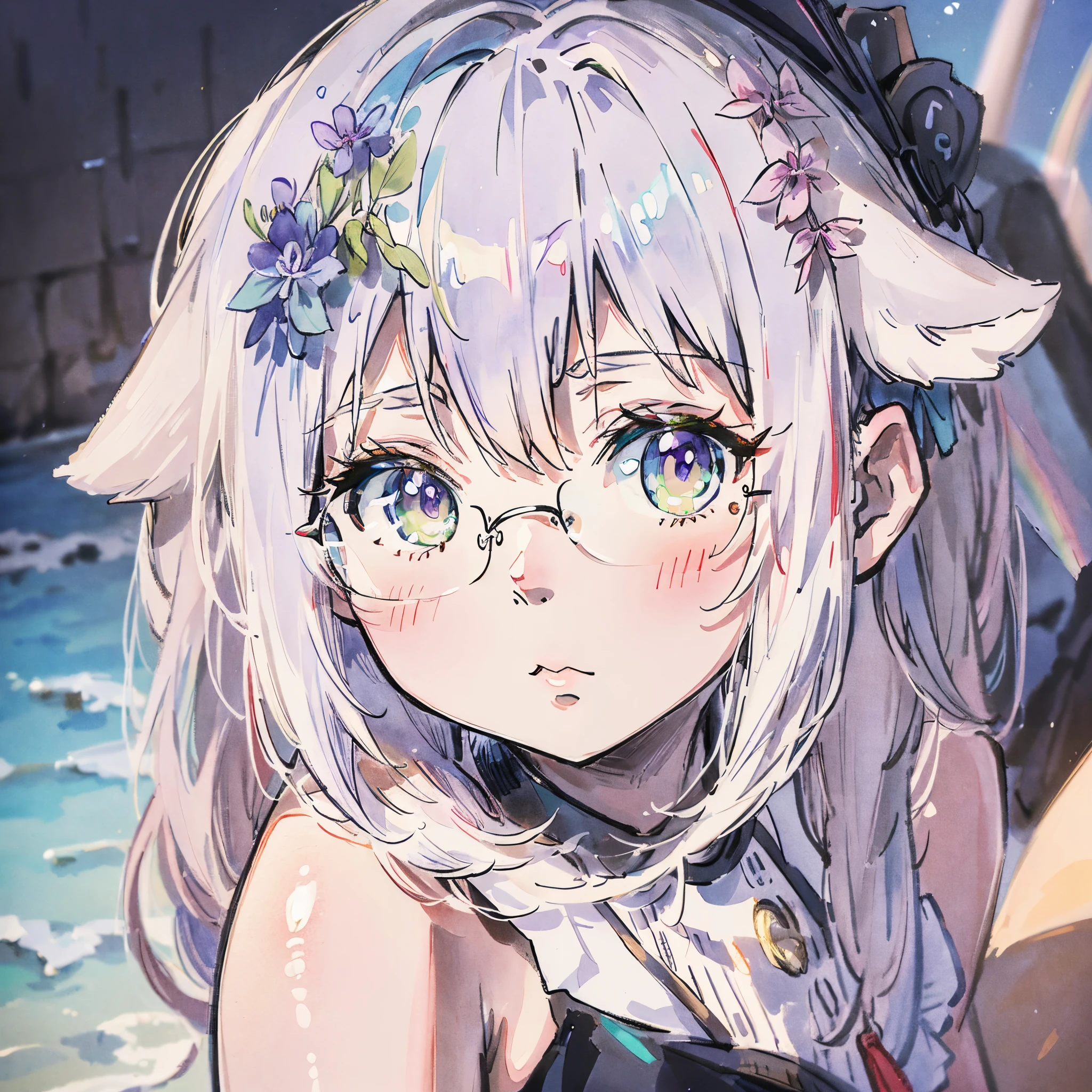 (Best quality1.2、masutepiece)、Take a cute cat、kawaii、White hair(rainbow-colored hair)、doress、eye glass