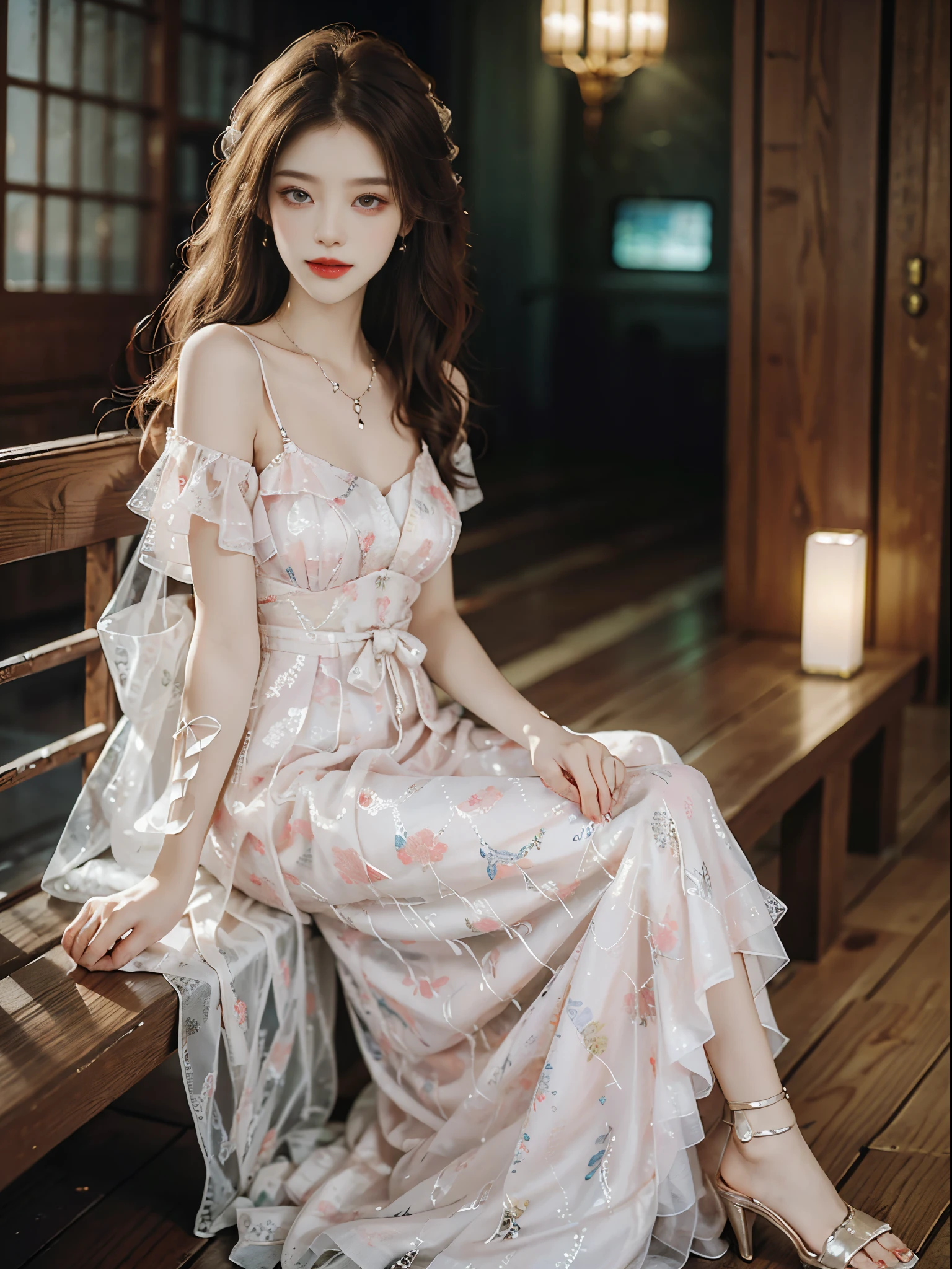 Sweet girl dress2,dress,fashi-girl, red lips, mature female, makeup, Big eyes, Pretty eyes, ((full body)), ((Random shooting angles)), (best quality, masterpiece:1.2), ultra-detailed, (realistic:1.37), beautiful, youthful, glamorous model with (detailed eyes, detailed lips, extremely detailed eyes), with white and floral colors, showcasing a radiant smile, creating a breathtaking depiction of a girl, Warm tones, extremely high color saturation, official art, extremely detailed CG unified 8k wallpaper,(High dynamic range :1.4), (cinematic),(soft colors, dull colors, soothing tones :1.3), (natural skin texture, ultra-realistic, soft light, sharp),(very detailed), Night, moonlight, In an antique pavilion, sit on a bench against the guardrail