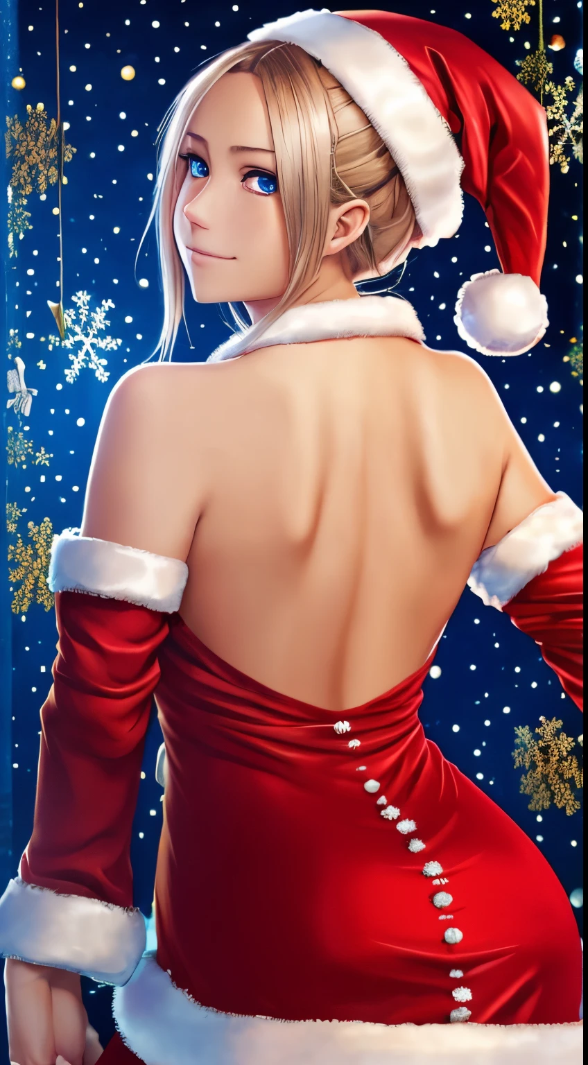 masutepiece, Best Quality, Ultra-detailed, Illustration,1girl in, Looking at Viewer, Best Quality,depth of fields,(Closed mouth,lightsmile,Blue eyes:1.1),Beautiful detailed glow , (santa costume:1.3),(hands behind back:1.3),(arms behind back:1.3),loimu (arknights),