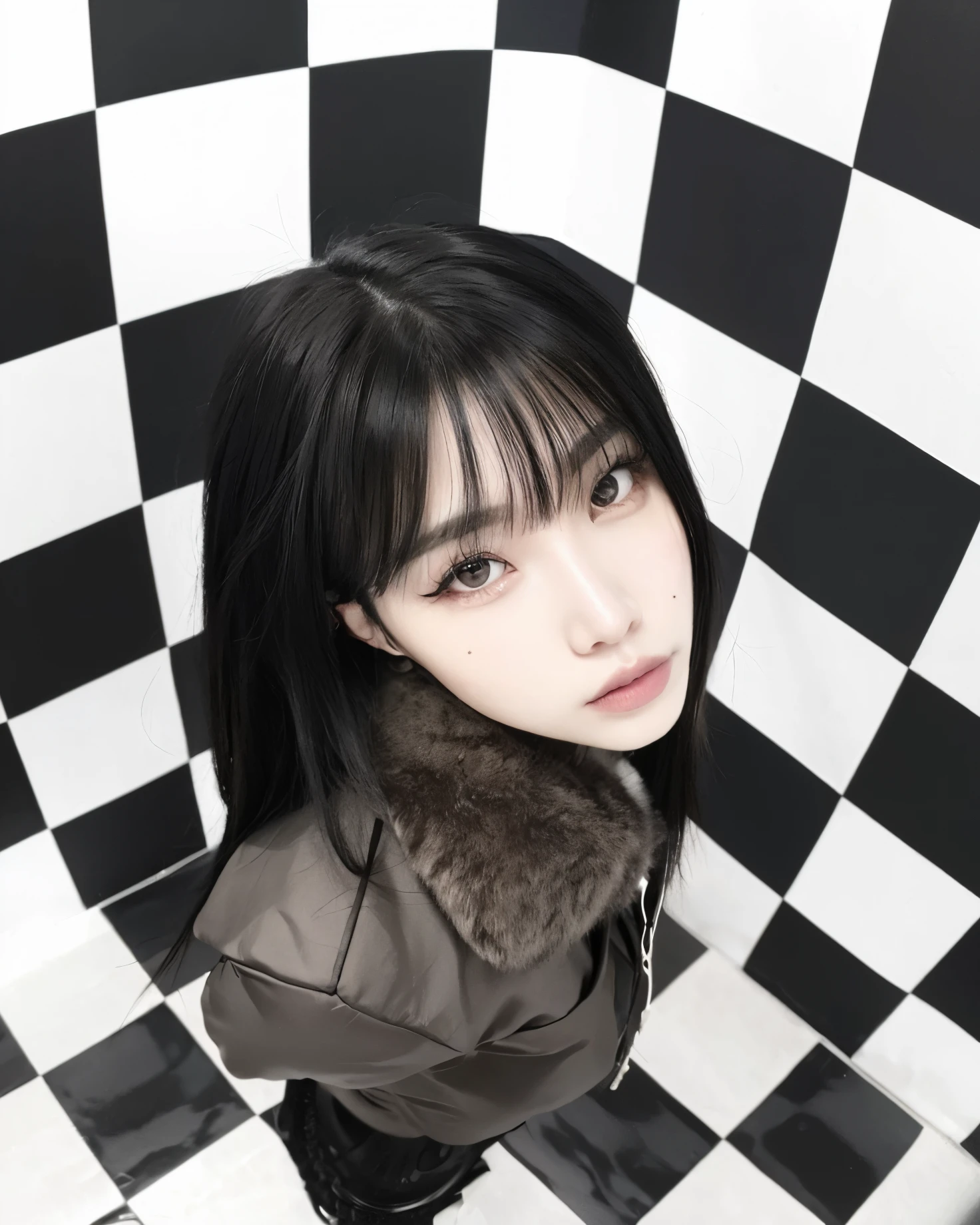 Arafed woman in a black and white checkered room with a fur collar, Estilo de Junji Ito, Junji Ito Undertones, Estilo Junji Ito, Sui Ishida con cabello negro, Retrato de Jossi de Blackpink, Kotegawa Yui, Ella tiene el pelo negro con flequillo, Jinyoung Shin, Sutil Junji Ito, ulzzang