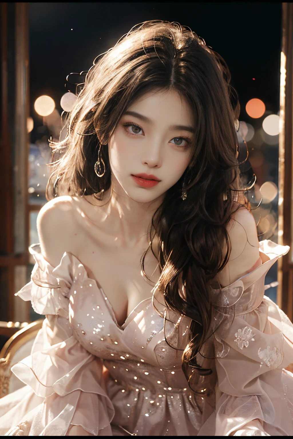 dress,,fashi-girl, red lips, mature female, makeup, Big eyes, Pretty eyes, ((full body)), ((Random shooting angles)), (best quality, masterpiece:1.2), ultra-detailed, (realistic:1.37), beautiful, youthful, glamorous model with (detailed eyes, detailed lips, extremely detailed eyes), with white and floral colors, showcasing a radiant smile, creating a breathtaking depiction of a girl, Warm tones, extremely high color saturation, official art, extremely detailed CG unified 8k wallpaper,(High dynamic range :1.4), (cinematic),(soft colors, dull colors, soothing tones :1.3), (natural skin texture, ultra-realistic, soft light, sharp),(very detailed), Night, moonlight, In an antique pavilion, sit on a bench against the guardrail