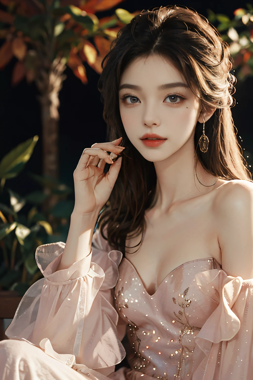 dress,,fashi-girl, red lips, mature female, makeup, Big eyes, Pretty eyes, ((full body)), ((Random shooting angles)), (best quality, masterpiece:1.2), ultra-detailed, (realistic:1.37), beautiful, youthful, glamorous model with (detailed eyes, detailed lips, extremely detailed eyes), with white and floral colors, showcasing a radiant smile, creating a breathtaking depiction of a girl, Warm tones, extremely high color saturation, official art, extremely detailed CG unified 8k wallpaper,(High dynamic range :1.4), (cinematic),(soft colors, dull colors, soothing tones :1.3), (natural skin texture, ultra-realistic, soft light, sharp),(very detailed), Night, moonlight, In an antique pavilion, sit on a bench against the guardrail