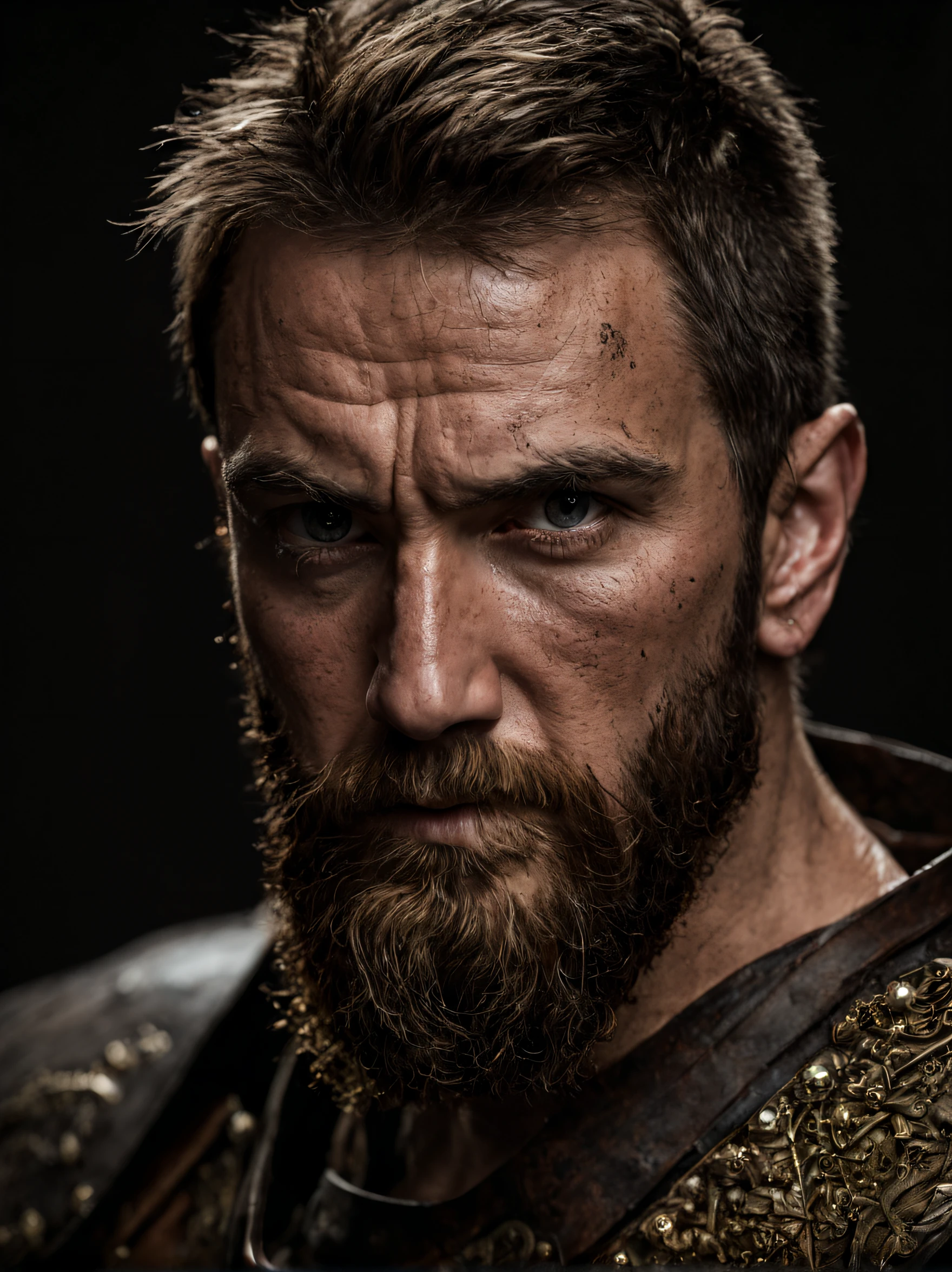 a portrait of a warrior, (30 years old:1.1), bearded, stout, upper body, (deep scar on face:1.5), with piercing eyes, detailed face, high details, photography, dark studio, rim light, leica mp, noctilux 50mm, f/1.0