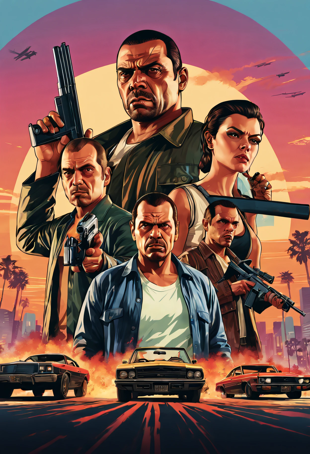 Grand Theft Auto，Grand Theft Auto ，double contact，filmposter，Detailed facial expressions，retro artstyle、Dangerous weapons、graffiti and street art、(Best quality at best,4K,A high resolution,tmasterpiece:1.2),ultra - detailed,actual。