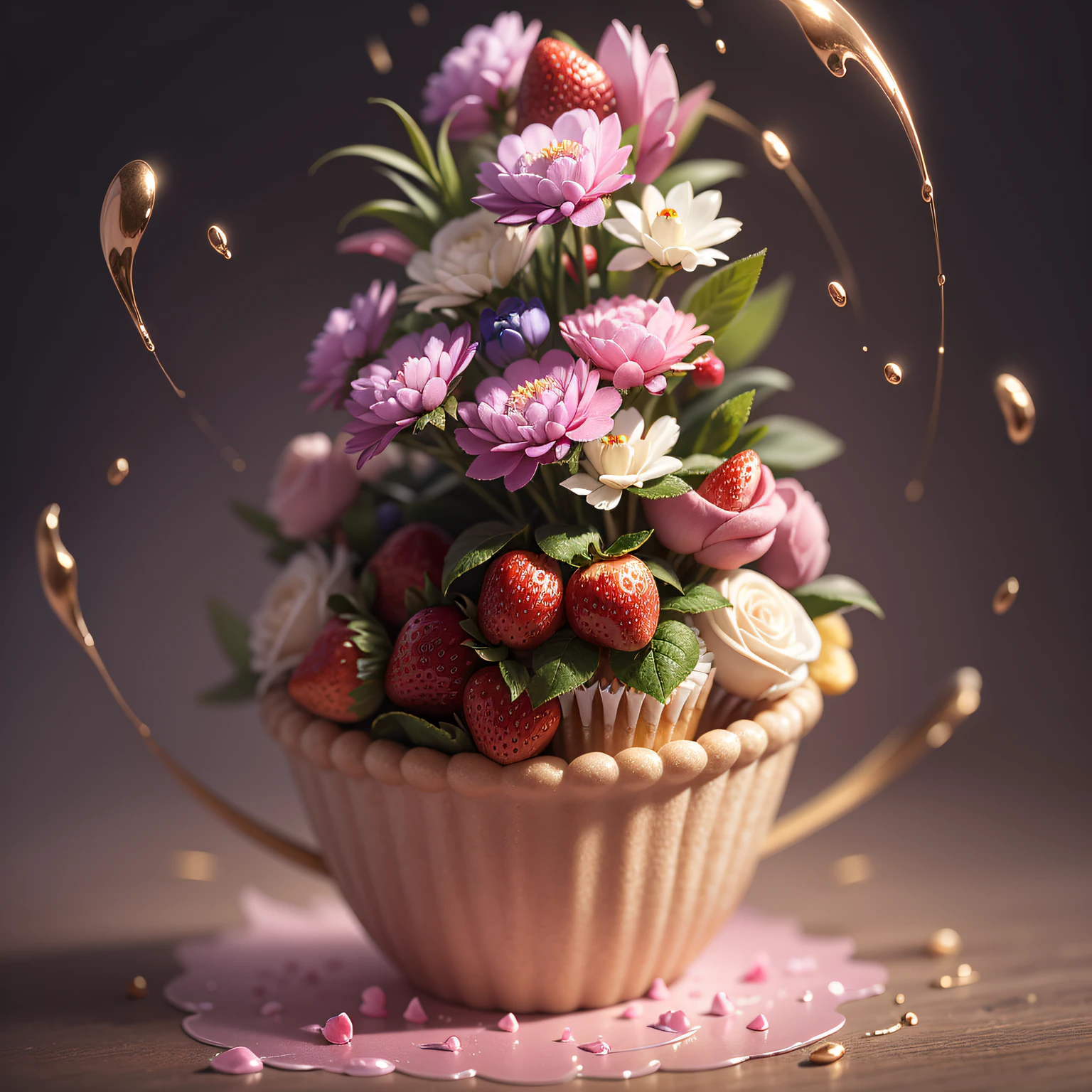 Delicious cupcake - pink strawberry cupcake, piled strawberries, profusion of blossoms, sugar flowers, blooms, sugar crystals, creamy, sweet, indulgent, tasty, whipped cream, pink icing, decadent, (masterpiece:1.1), (highest quality:1.1), (HDR:1.0), (ultra-detailed), cupcake, decorated, dripping pink drizzle, photograph, detailed, realistic, 8k uhd, high quality, RAW photo, professional color grading, soft shadows, no contrast, clean sharp focus, clear
