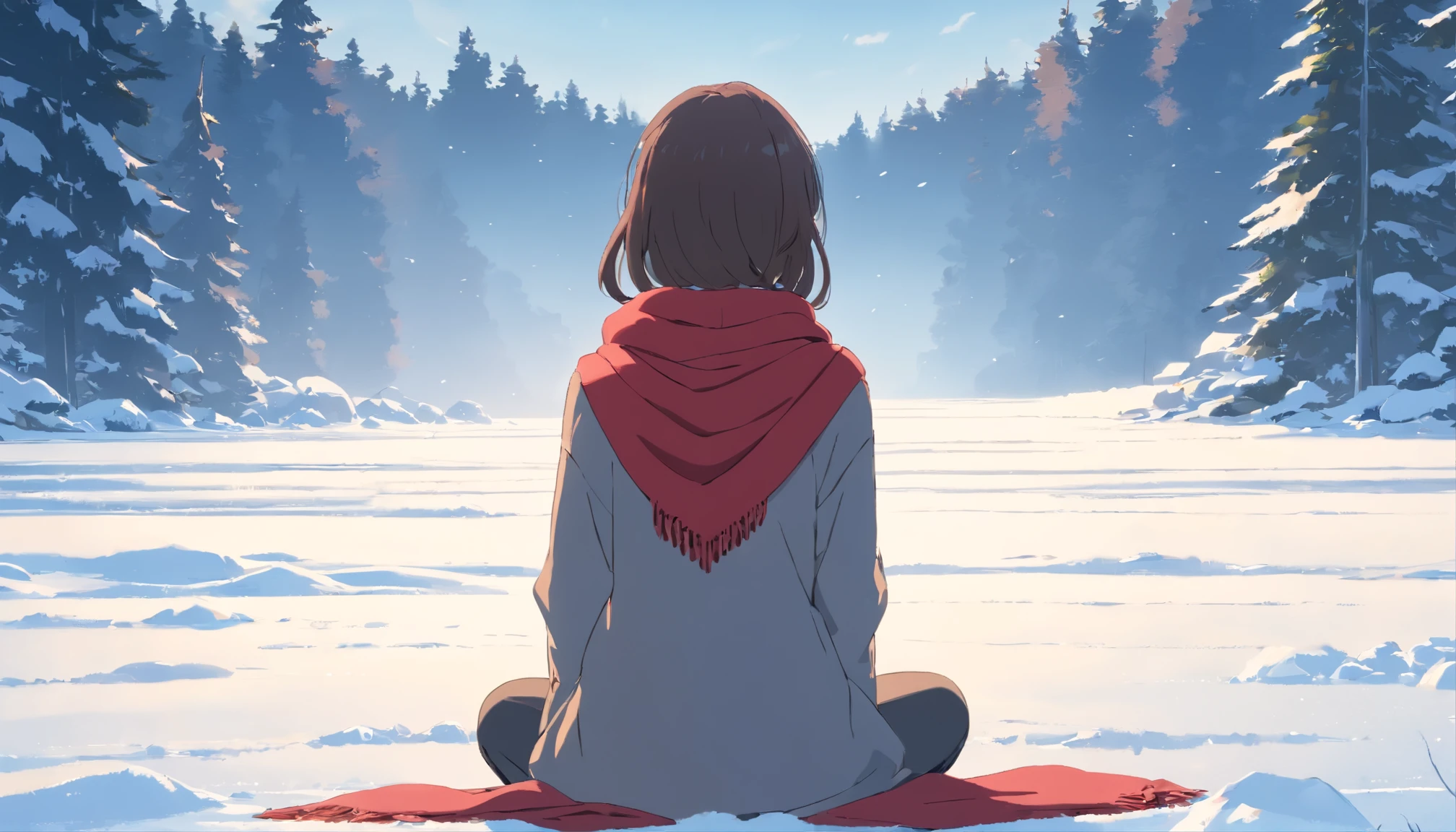(Best Quality, Movie Poster Style), woman on snow field, wearing a red scarf, wearing a warm gray sweater, long haired woman, Complete back view, Sitting on a snowy field and looking at the trees