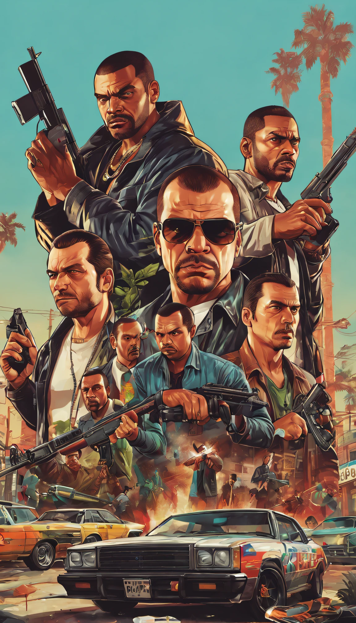 Grand Theft Auto，Grand Theft Auto ，double contact，filmposter，retro artstyle、Dangerous weapons、graffiti and street art、Detailed facial expressions of the highest quality,4K,A high resolution,tmasterpiece:1.2),ultra - detailed,actual。