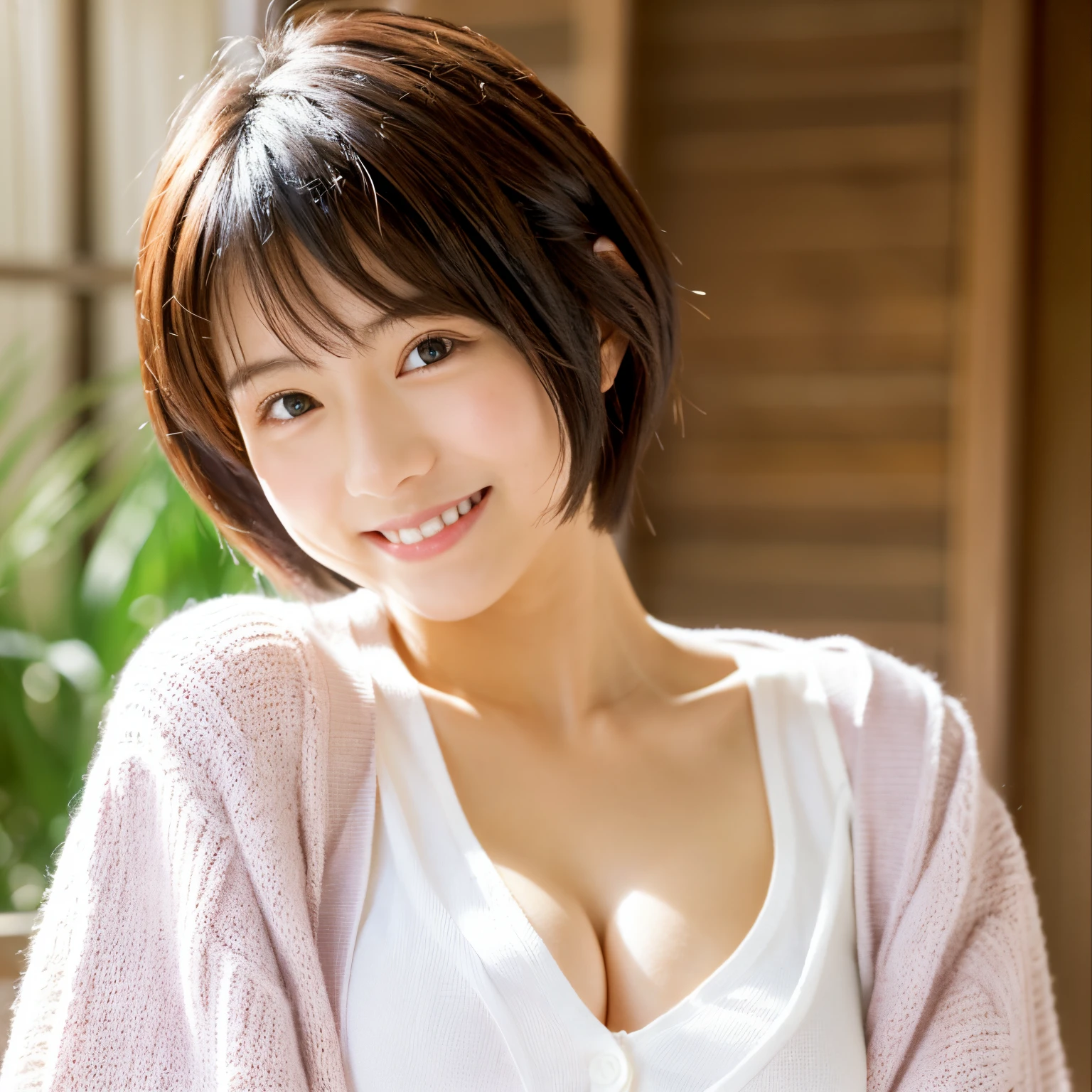 A cute Japanese woman、short-cut、Breast D Cup、White Y-shirt、cardigan、a smile、
