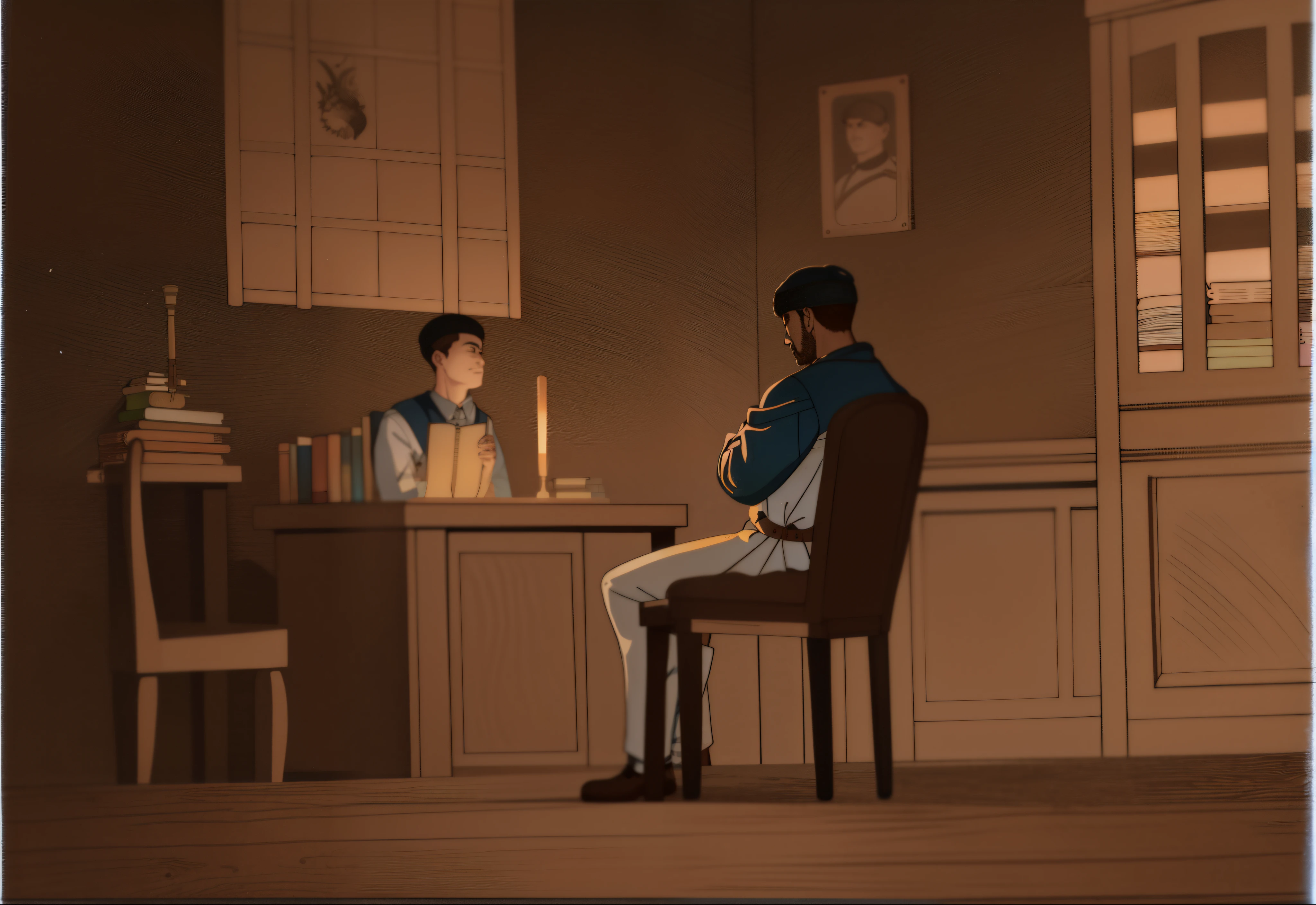 Torches on the wall, books on the desk, oil lamps