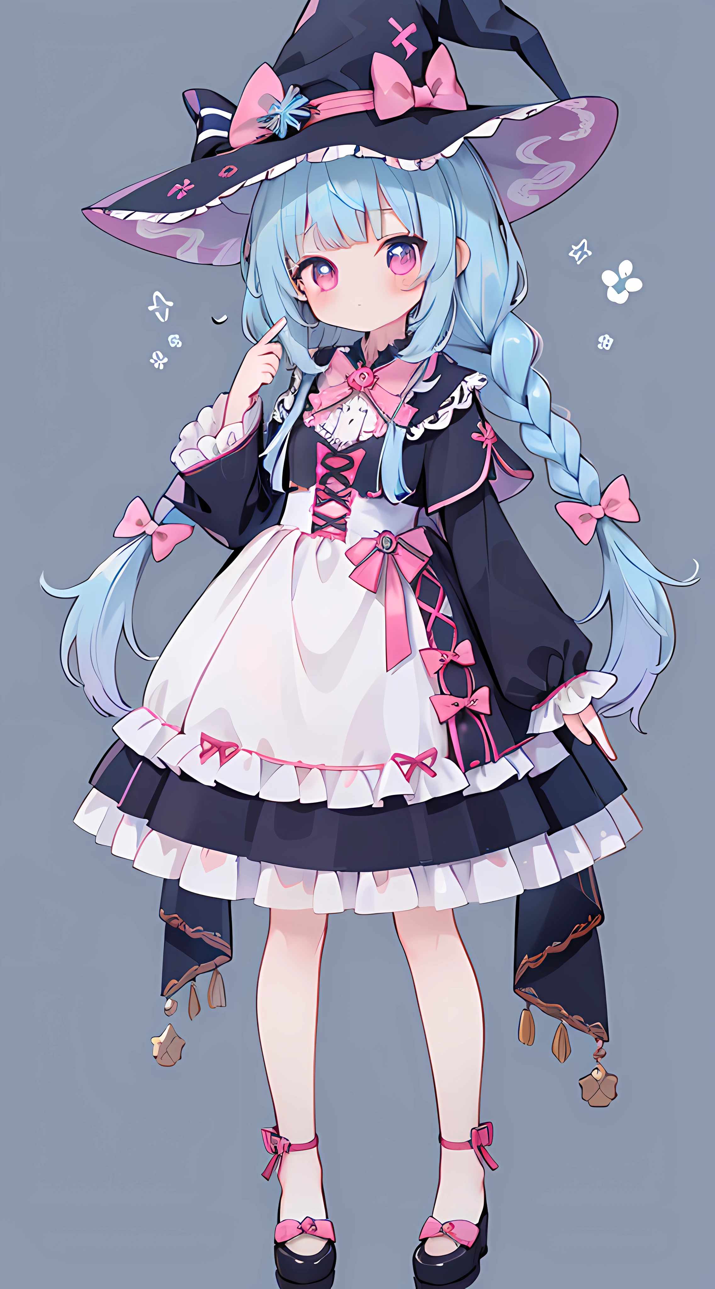 1 girl in、((Whole body ESBIAN、Standing Picture))、High level of image quality、tmasterpiece、quality、lightblue hair、Braid both sides、(1 braid)、a pink eyes、Dress up as a witch、kawaii、a witch's hat、[[[[Cat ears background and decoration