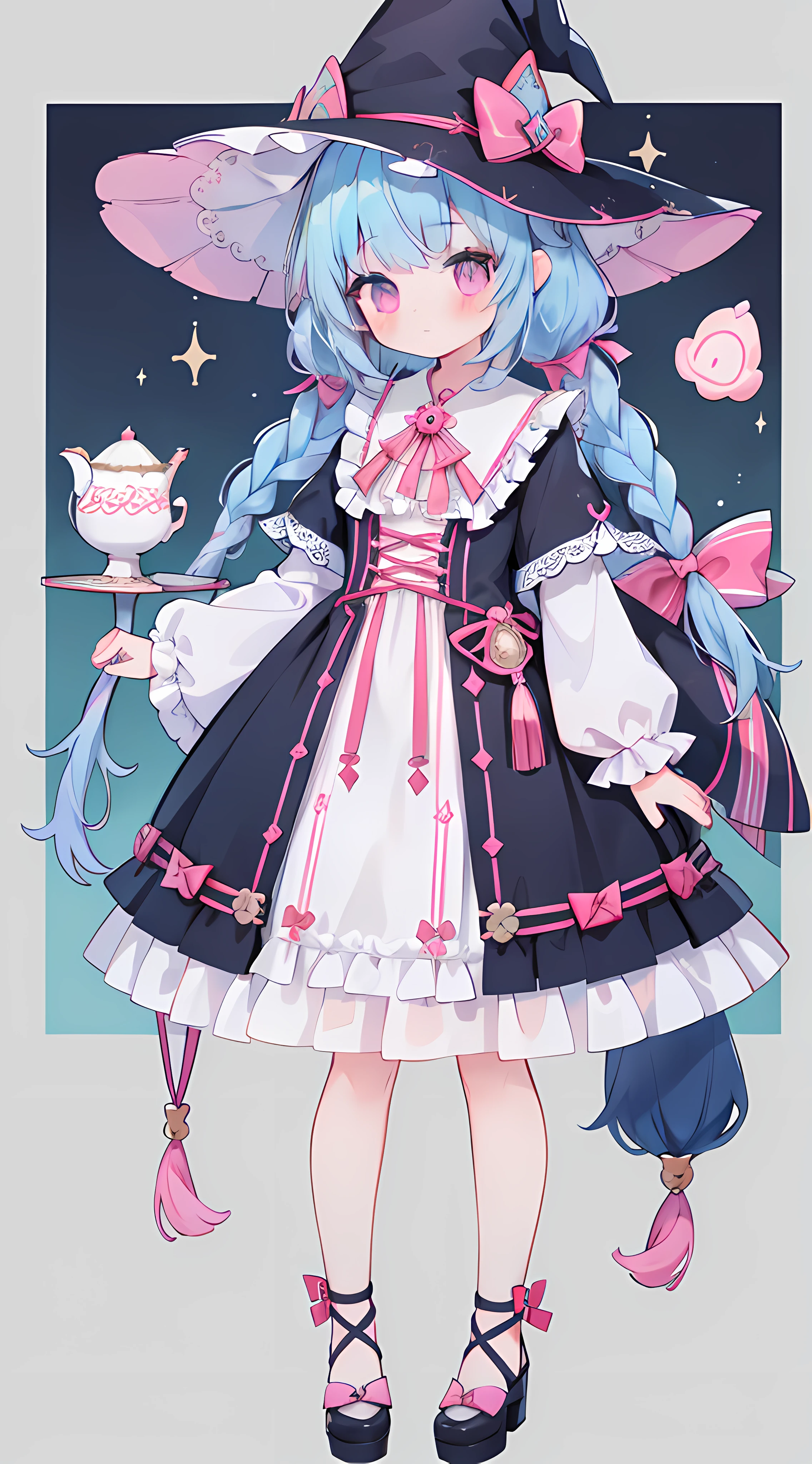 1 girl in、((Whole body ESBIAN、Standing Picture))、High level of image quality、tmasterpiece、quality、lightblue hair、Braid both sides、(1 braid)、a pink eyes、Dress up as a witch、kawaii、a witch's hat、[[[[Cat ears background and decoration