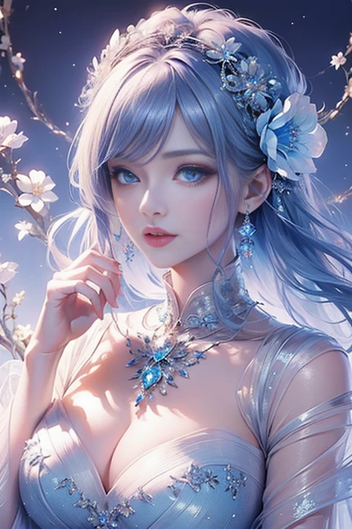 tmasterpiece，Highest high resolution，((magic orb))，Dynamic bust of beautiful aristocratic maiden，Blue hair is elegantly coiled，（(Wearing a huge flower crown))，Purple clear eyes，(((The hair is covered with beautiful and delicate floral craftsmanship, Crystal jewelry filigree)))，Ultra-detailed details，upscaled，The earth rises。