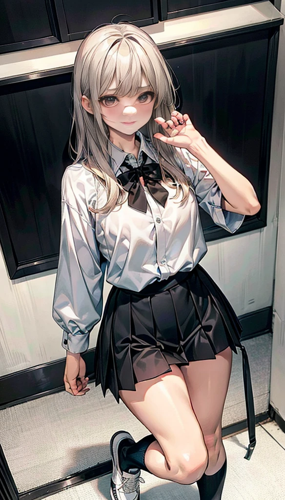Lift the hem of the skirt、Woman showing underwear in embarrassment、校服、blushed face、White underwear、Panchira
