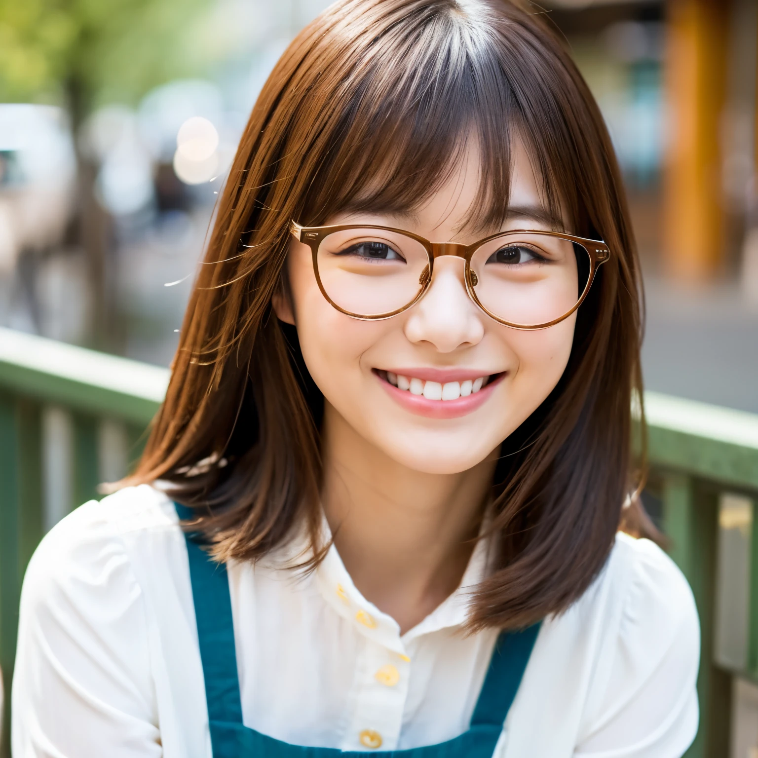 A cute Japanese woman、24 year old、White blouse with collar、Brown pants、Semi-long、a smile、eye glasses