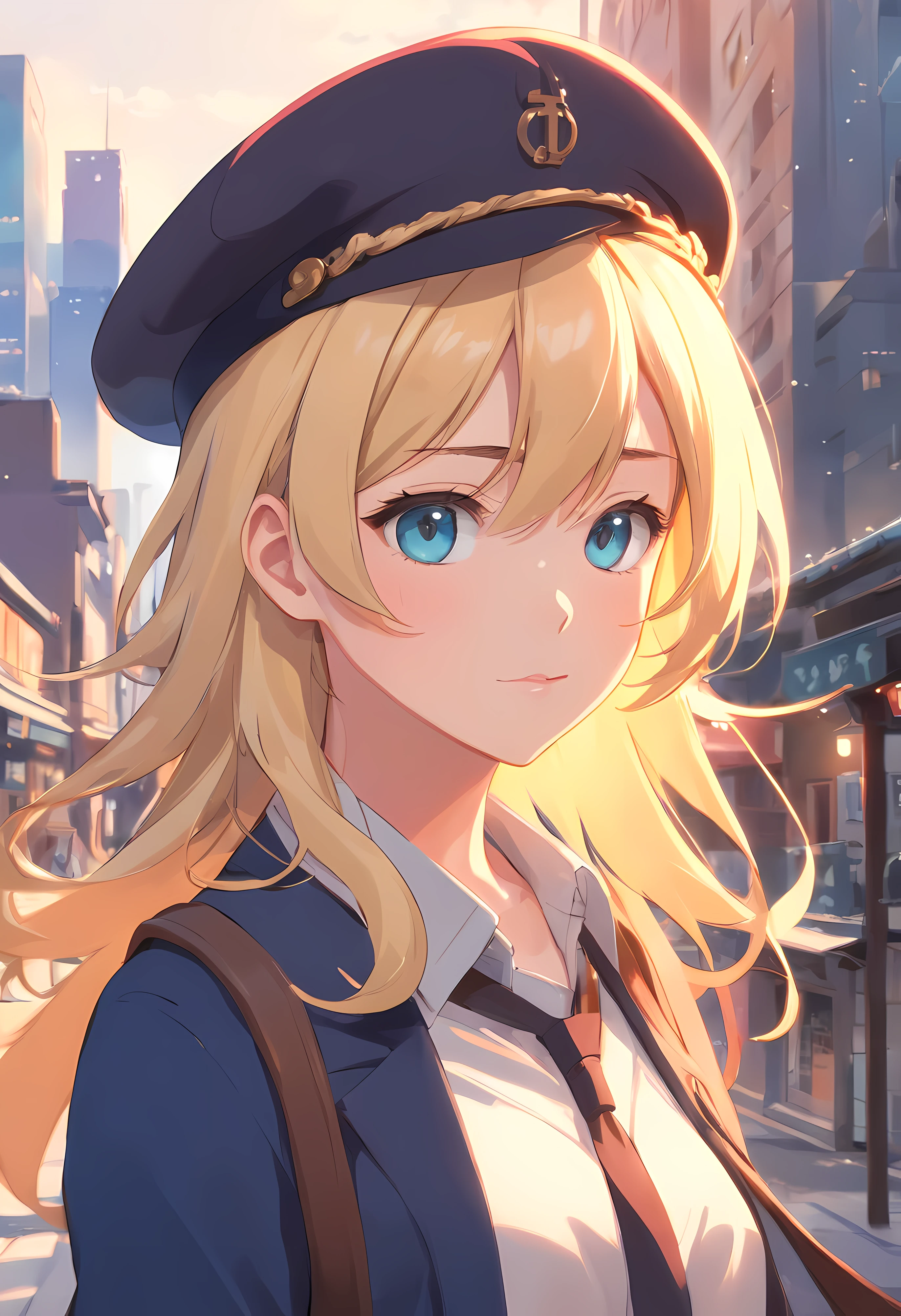 ((Franda_Severen)), very detailed nipples, blonde with blue eyes, femele&#39;s beret big wavy hair, eBlue eyes, , 校服