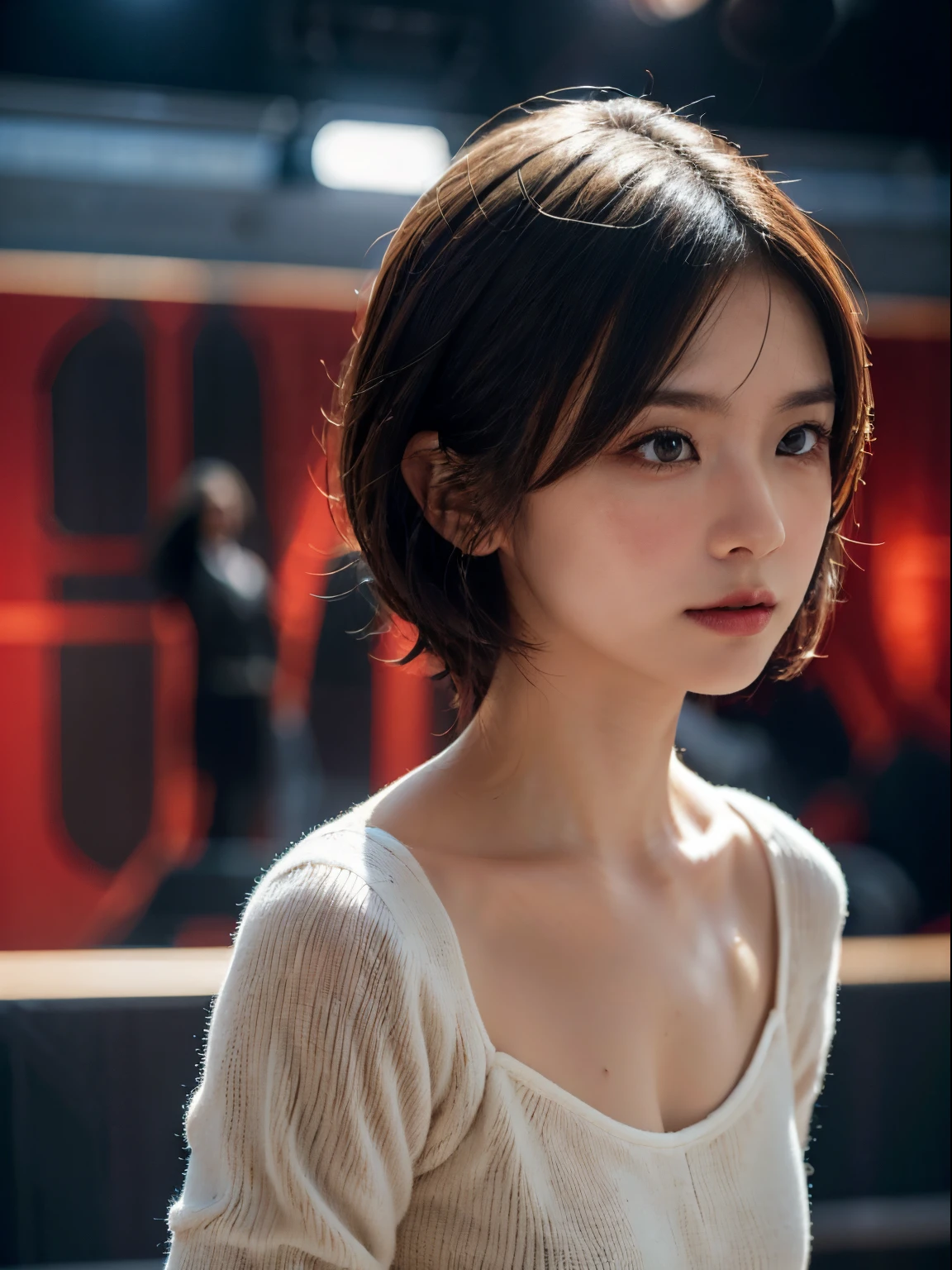 Spotlights on stage、actress in a luxurious dress、top-quality、hyper HD、奈良美智, Japanese Models, Beautiful Japanese wife with short hair, 27-year-old female model, 4 k ], 4K], 27yo, sakimichan, sakimichan