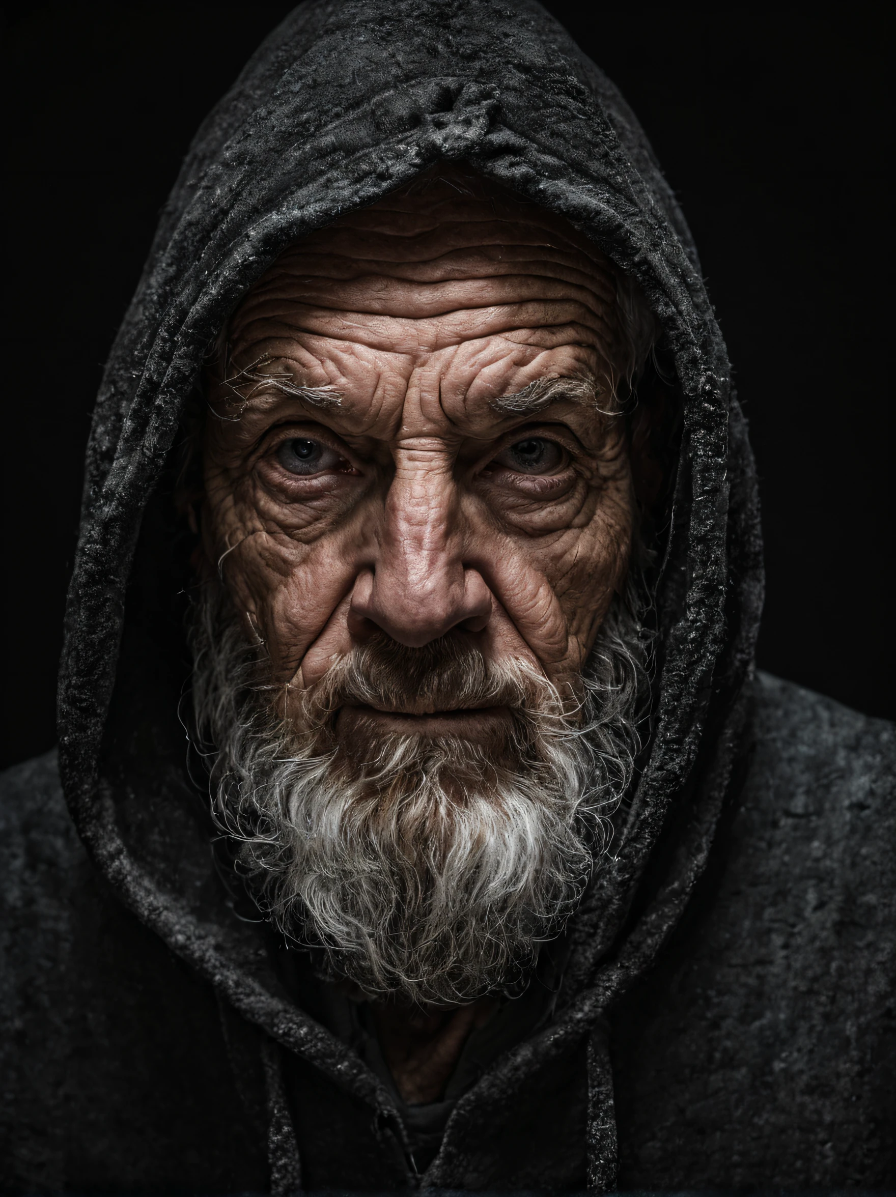 a portrait of a wizard, wearing worn hoddie, upper body, bearded, wrinkled, weathered, with piercing eyes, detailed face, high details, photography, dark studio, rim light, leica mp, noctilux 50mm, f/1.0