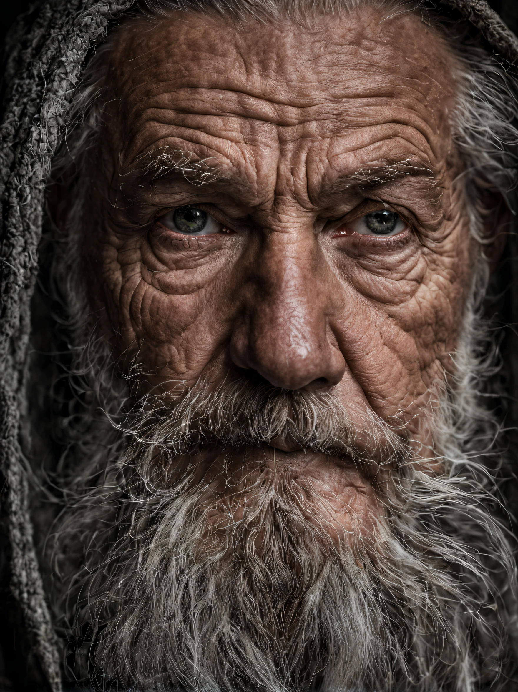 a portrait of a wizard, bearded, wrinkled, weathered, with piercing eyes, detailed face, high details, photography, dark studio, rim light, leica mp, noctilux 50mm, f/1.0