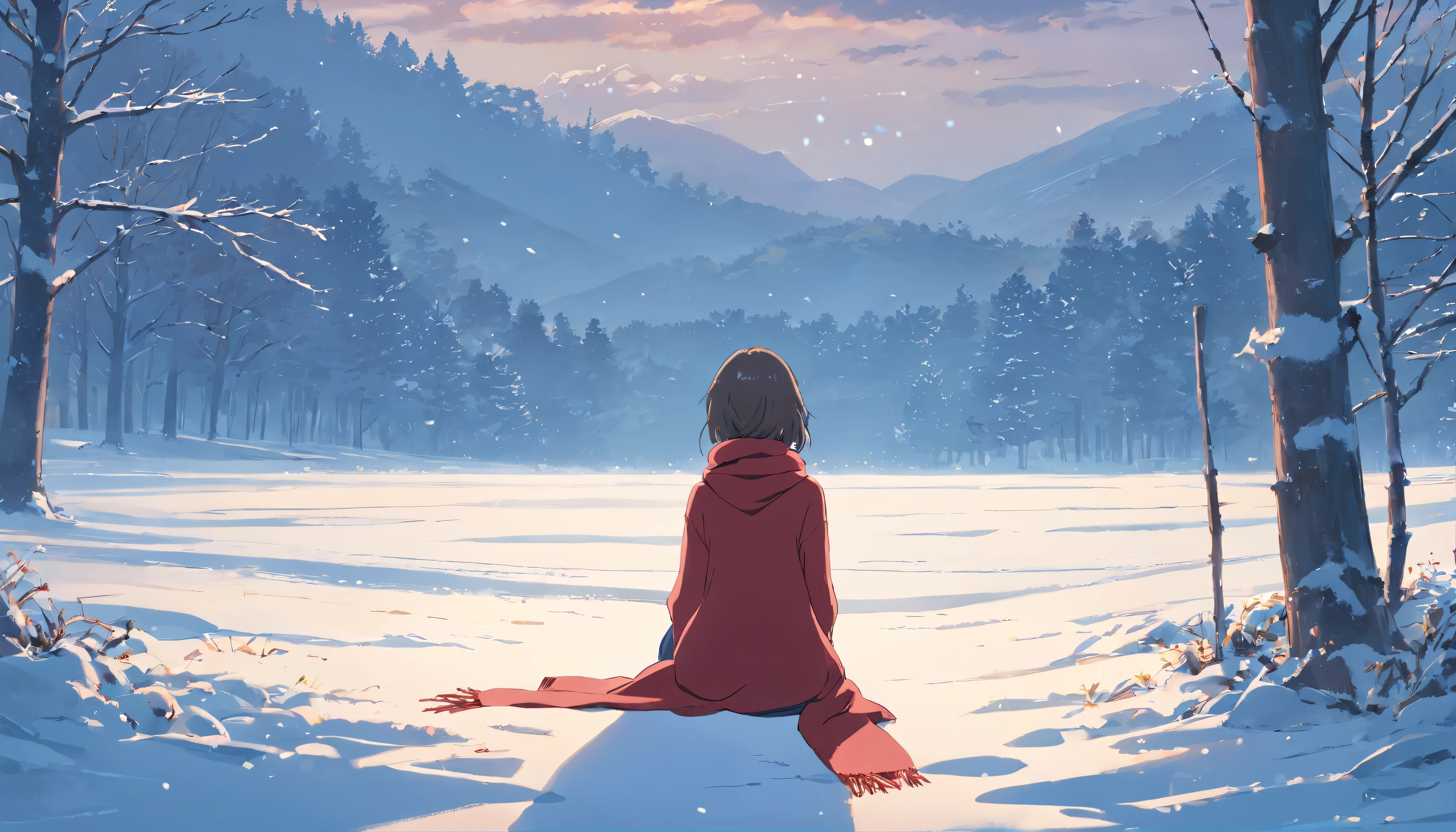 (Best Quality, Movie Poster Style), woman in the snow, wearing a red scarf, wearing a warm gray sweater, Long-haired woman, Complete back view, Sitting in a snow-covered field and looking at the trees