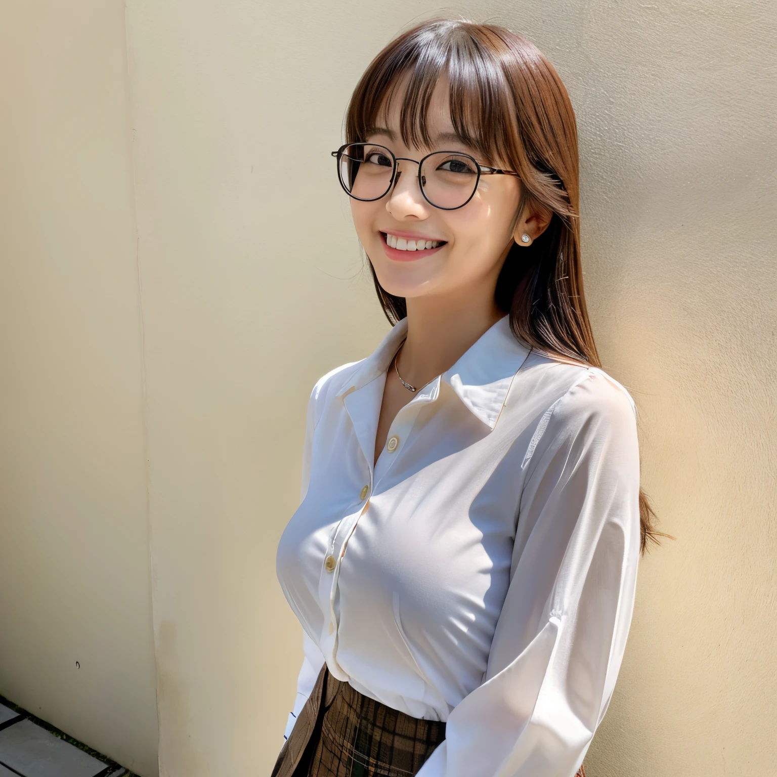 A cute Japanese woman、24 year old、Her white collared blouse is exposed and her D-cup breasts are visible.。Brown pants、Semi-long、a smile、eye glasses
