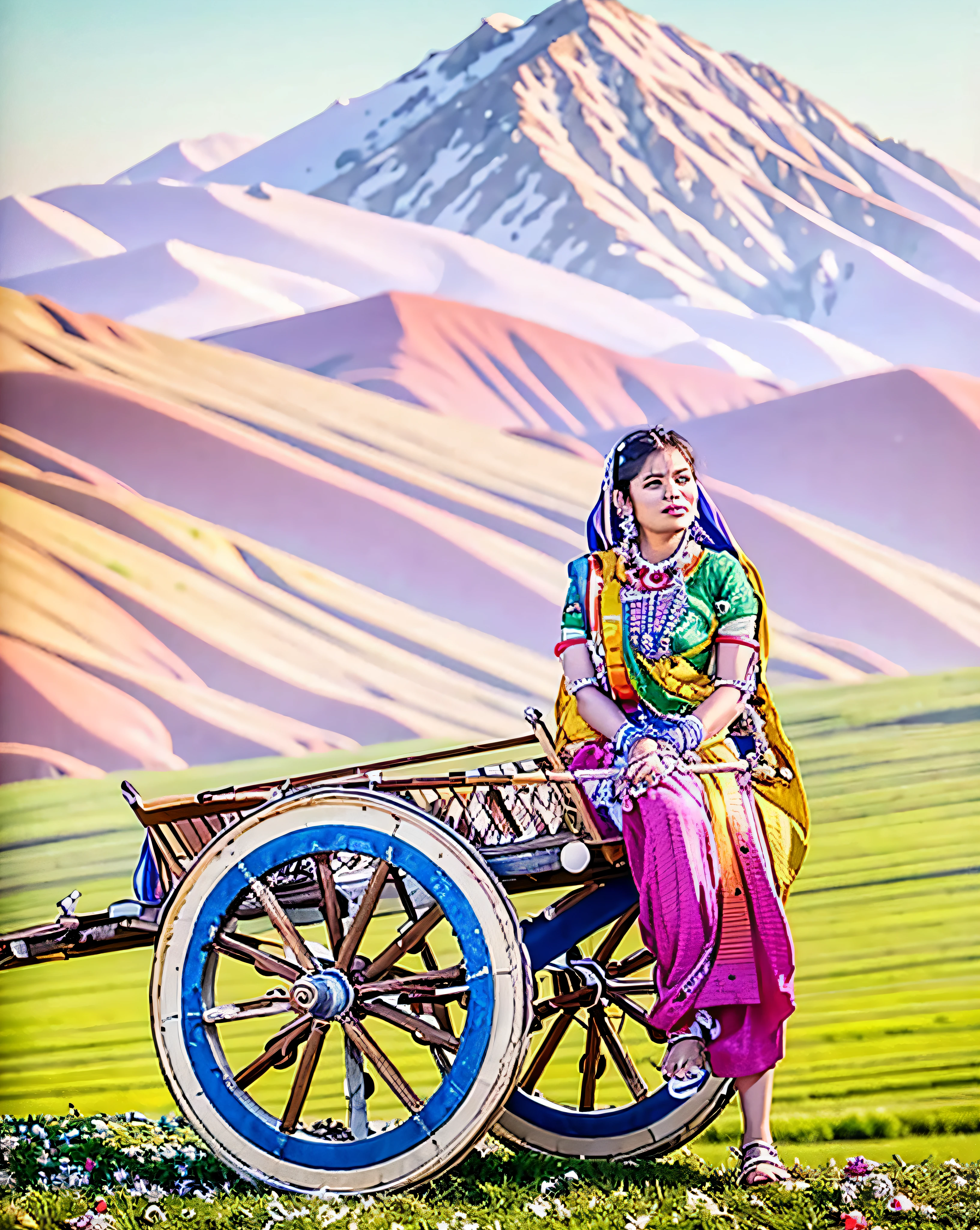 woman sitting on a colorful cart in a field with a mountain in the background, traditional beauty, traditional photography, photo taken with nikon d750, photo taken with nikon d 7 5 0, portrait shot, wearing bihu dress mekhela sador, shot on canon eos r 5, shot on canon eos r5, assamese aesthetic, indian style