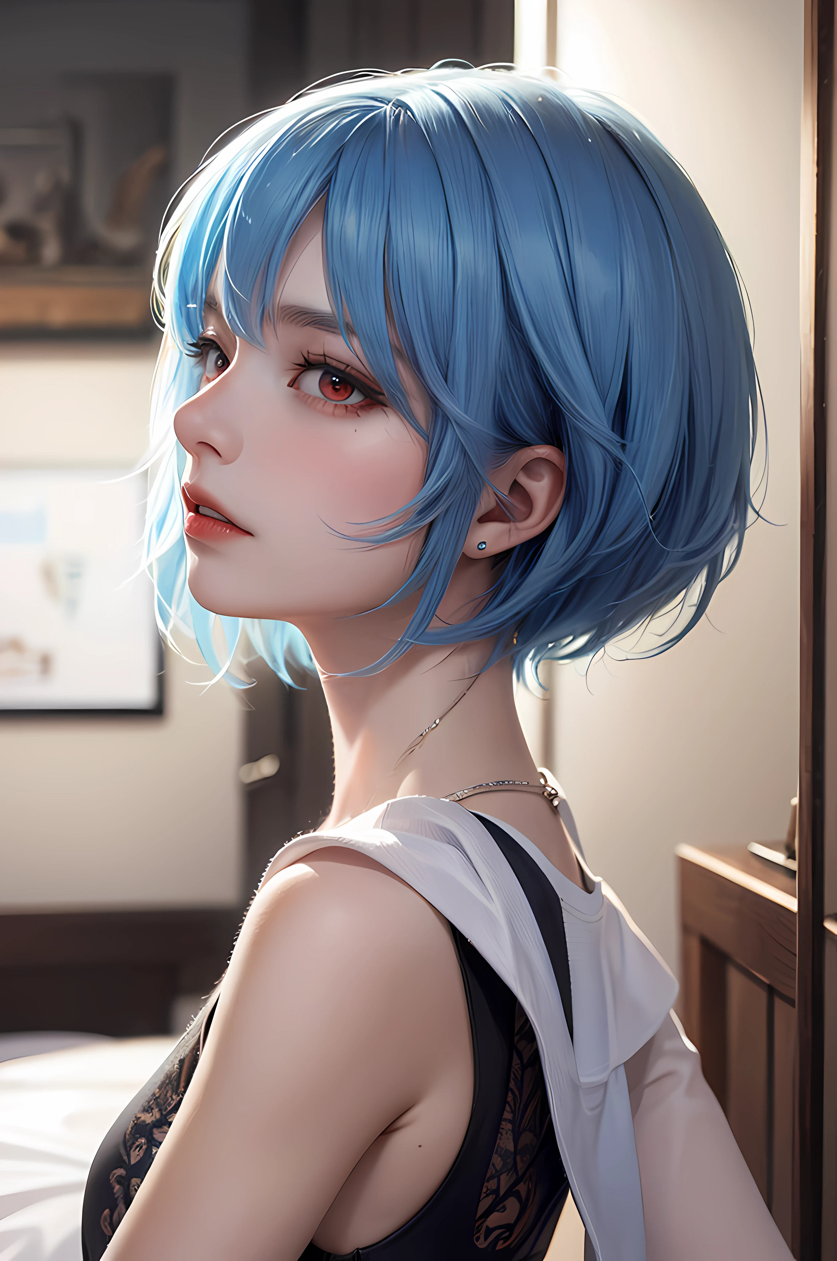 Masterpiece, Best Quality, 8K, Detailed Skin Texture, Detailed Cloth Texture, Beautiful Detail Face, Intricate Detail, Ultra Detailed, Portrait of Rei Ayanami, Blue Hair, Red Eyes, Profile, Look Up, No Background