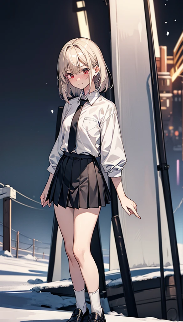 female student、Cool、white  shirt、a black pleated skirt、Woman 1，Snow city night view、Platinum blonde hair、a bracelet、Dramatic Writing、in a panoramic view、slender woman、high-school、电影灯光、beautiful countenance、an sexy、Gray ophthalmic lens、The whole human body、in a panoramic view、Short black socks、Khaki leather shoes、、Sixteen years old、Cool、I see underwear、Open the shirt、Lingerie transparent、stand posture、Cross your hands behind your back、thick leg、A short skirt、Black tie、Cool、White-skinned、hair straight、eyes shedding tears、ssmile、Red blush、loose socks、Snow blowing、dream-like、Red muffler