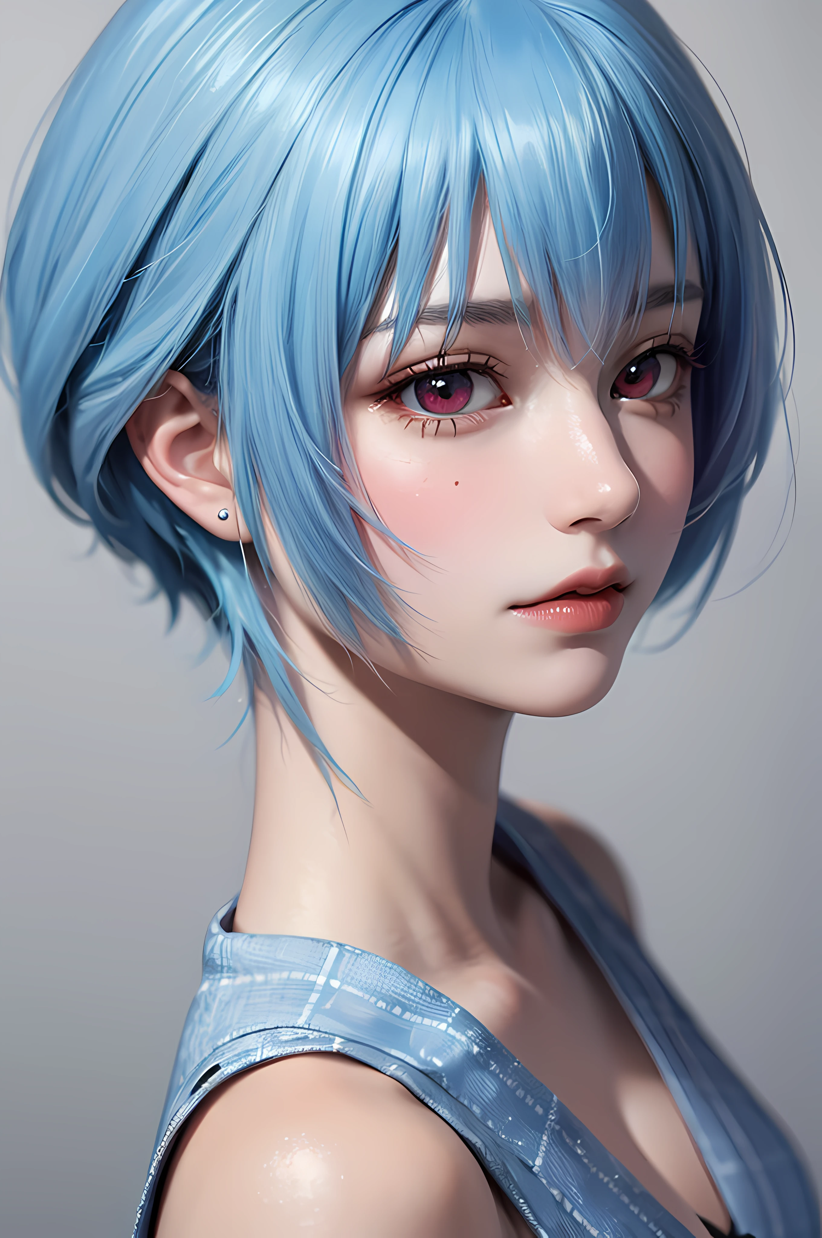 Masterpiece, Best Quality, 8K, Detailed Skin Texture, Detailed Cloth Texture, Beautiful Detail Face, Intricate Detail, Ultra Detailed, Portrait of Rei Ayanami, Blue Hair, Red Eyes, Profile, Look Up, No Background