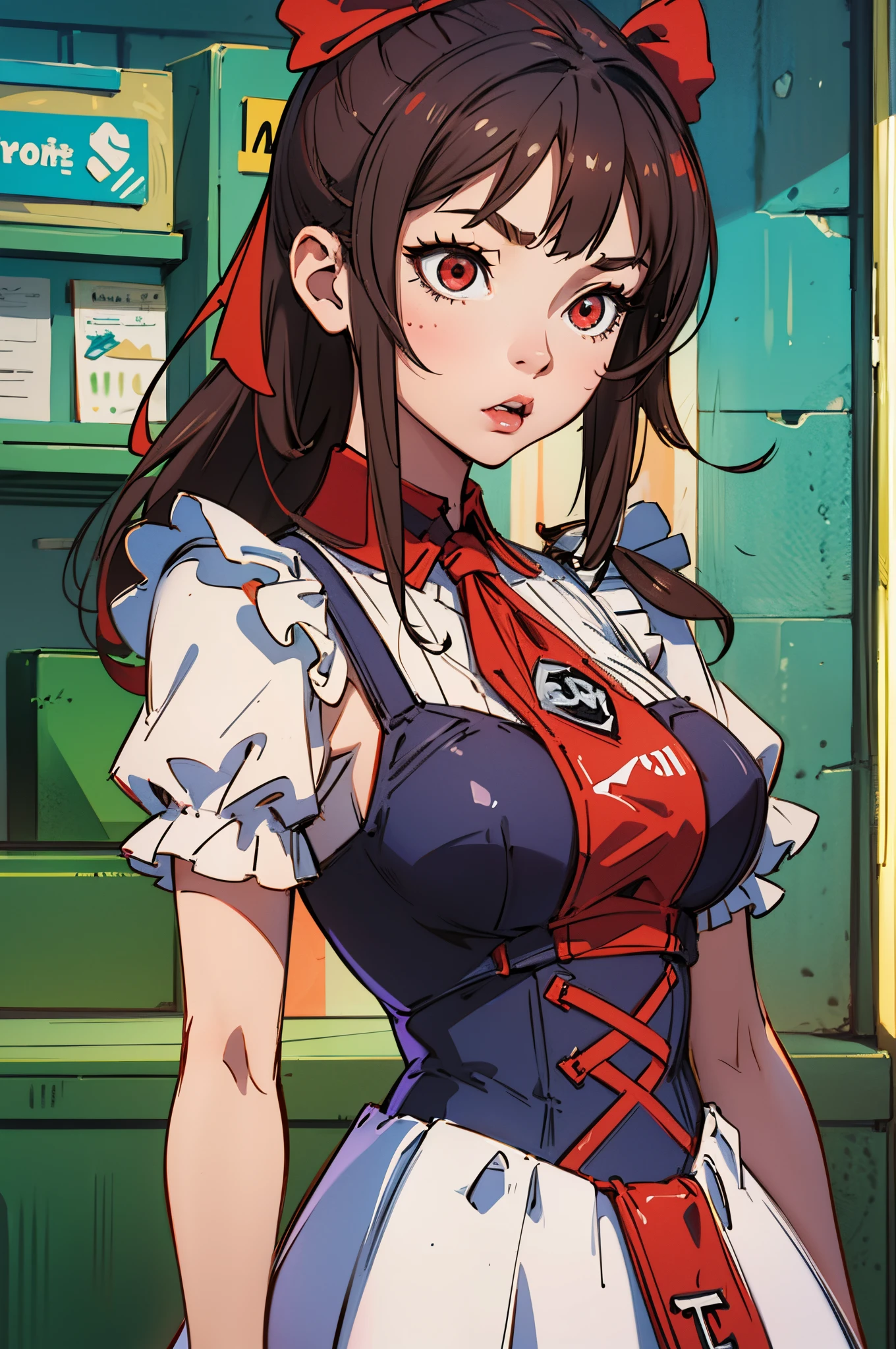 Anime woman with black hair, red highlights, red eyes, wearing a maid outfit, cafe background. --auto --s2