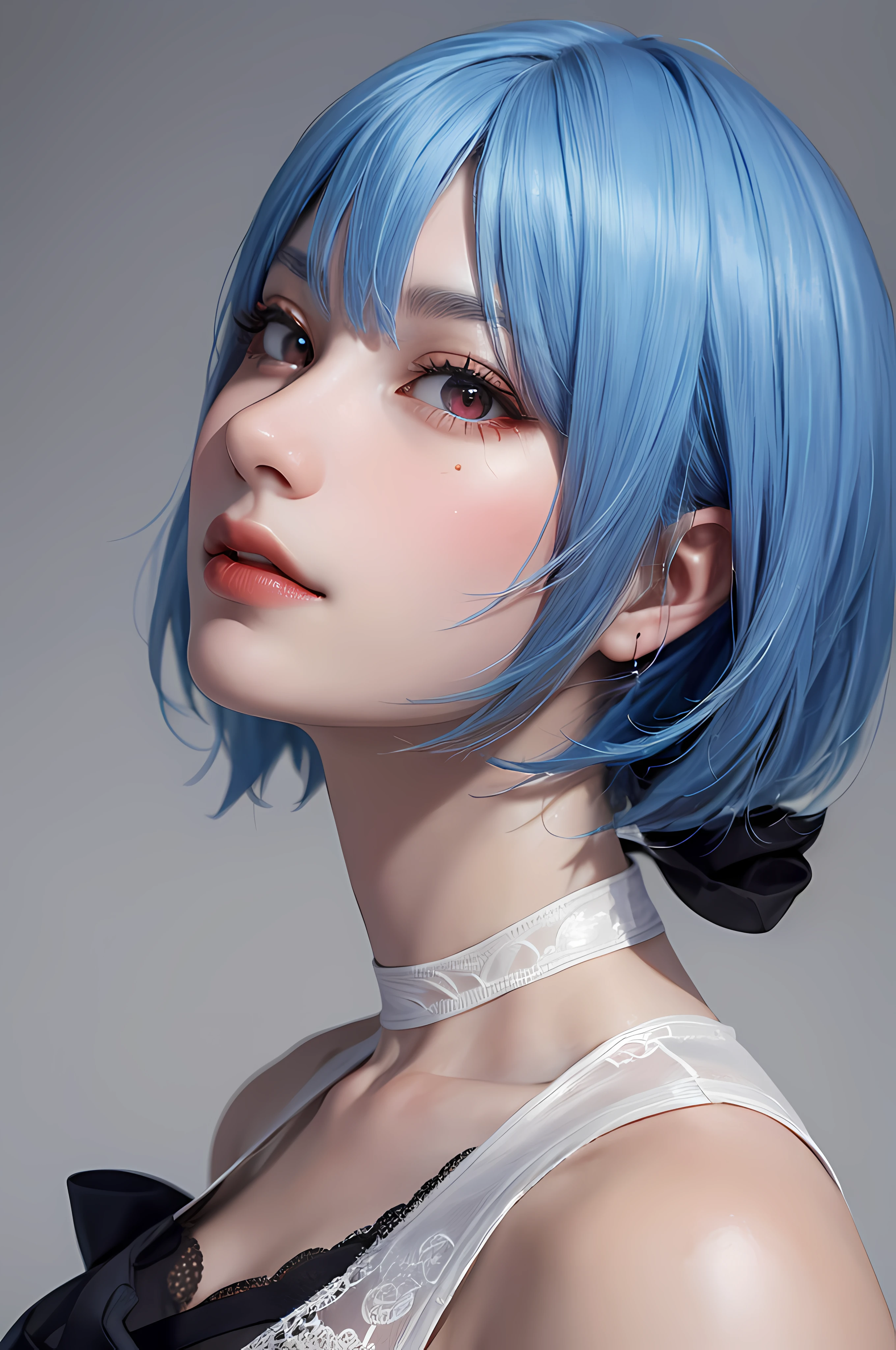 Masterpiece, Best Quality, 8K, Detailed Skin Texture, Detailed Cloth Texture, Beautiful Detail Face, Intricate Detail, Ultra Detailed, Portrait of Rei Ayanami, Blue Hair, Red Eyes, Profile, Look Up, No Background