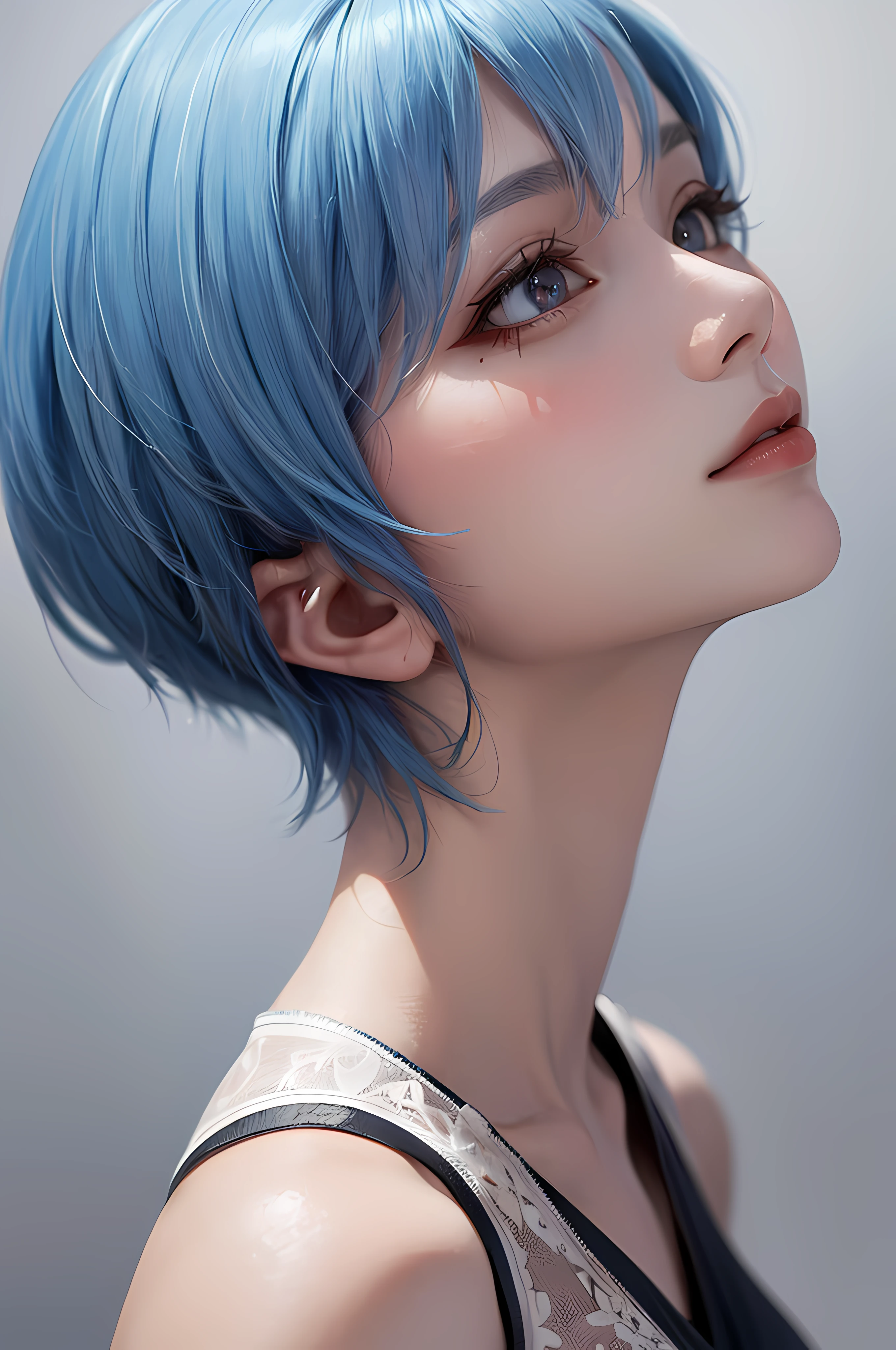 Masterpiece, Best Quality, 8K, Detailed Skin Texture, Detailed Cloth Texture, Beautiful Detail Face, Intricate Detail, Ultra Detailed, Portrait of Rei Ayanami, Blue Hair, Red Eyes, Profile, Look Up, No Background