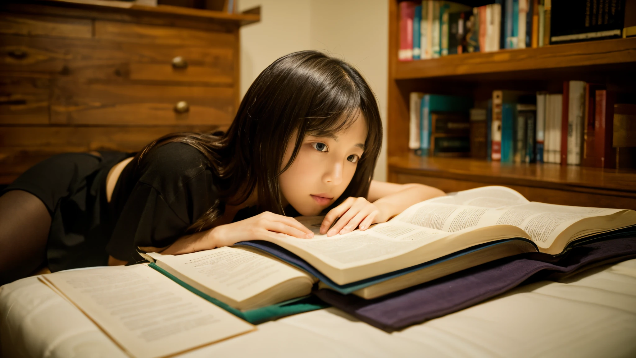 The most beautiful girl reading books in the bedroom at night during the rain outside