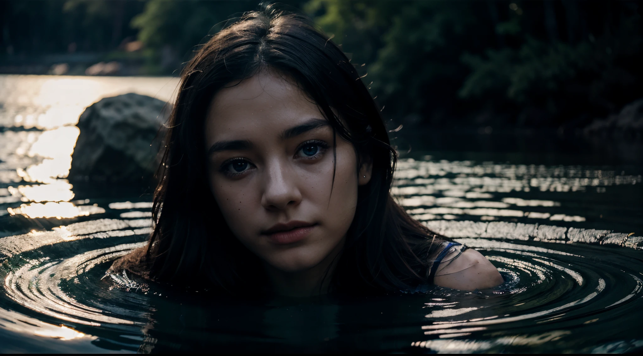 a dark blue lake clear facial features, Cinematic, 35mm lens, f/1.8, accent lighting, global illumination --uplight --v 4