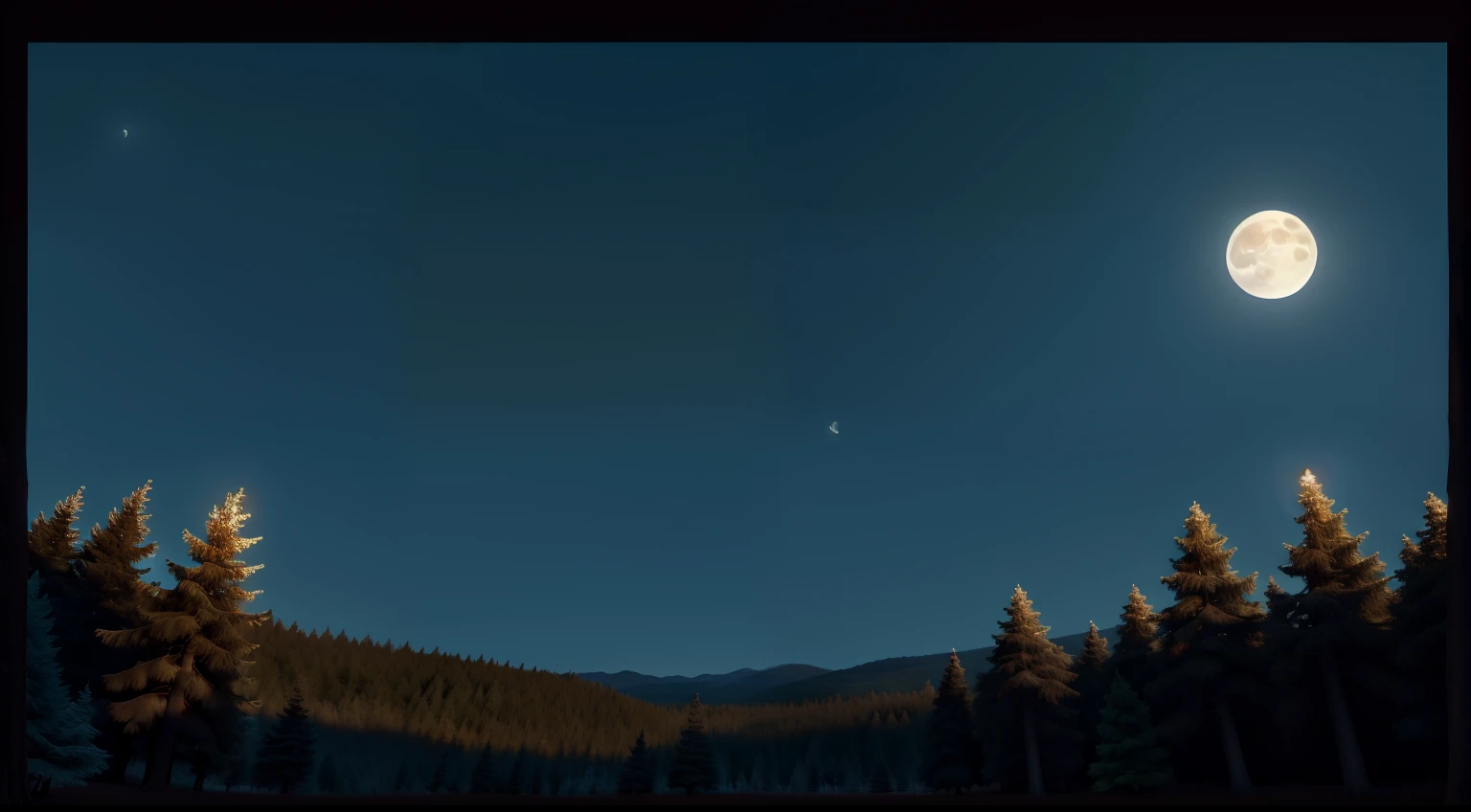In the heart of a forest, it's completely dark. The faint light of the moon gently illuminates the tree canopies. In the background, high above, the moon is visible.