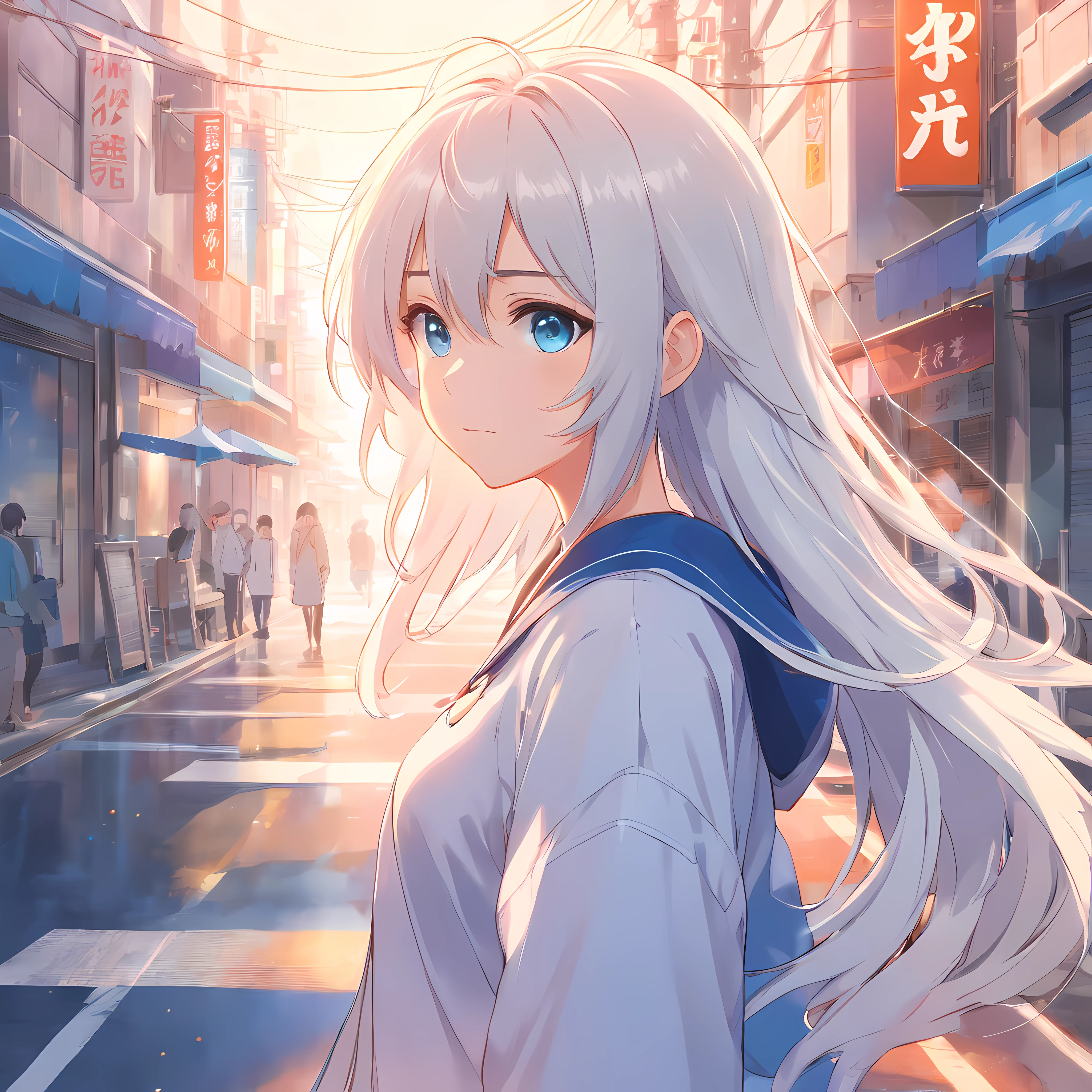 Anime manga girl,Long white hair,eBlue eyes,usa ropa blanca, Guviz, Guweiz in Pixiv ArtStation, Guvitz-style artwork, guweiz on artstation pixiv, Girl with white hair, A beautiful anime portrait, detailed portrait of an anime girl, Popular topics on artstation pixiv, detailed digital anime art, Soft anime illustration