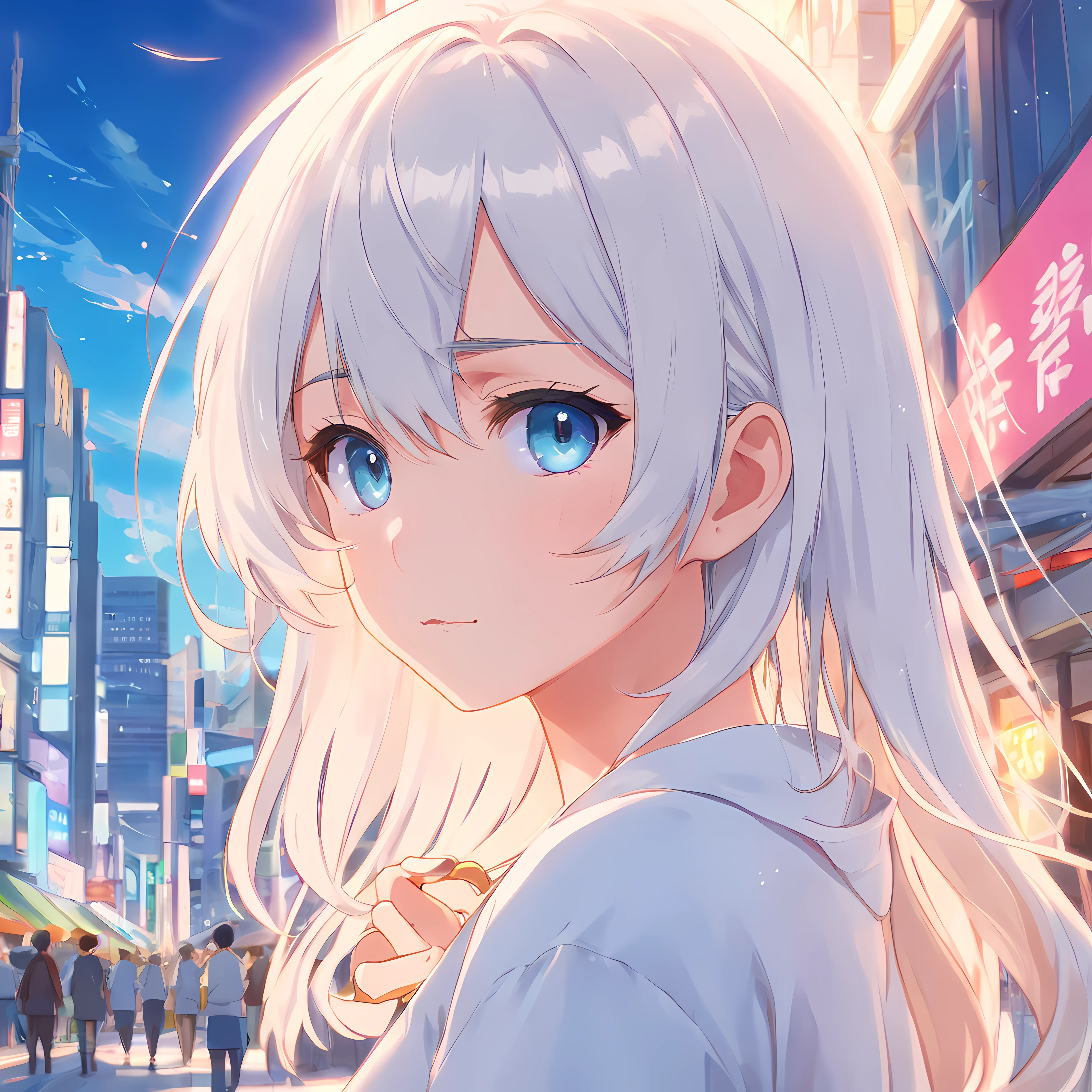 Anime manga girl,Long white hair,eBlue eyes,usa ropa blanca, Guviz, Guweiz in Pixiv ArtStation, Guvitz-style artwork, guweiz on artstation pixiv, Girl with white hair, A beautiful anime portrait, detailed portrait of an anime girl, Popular topics on artstation pixiv, detailed digital anime art, Soft anime illustration