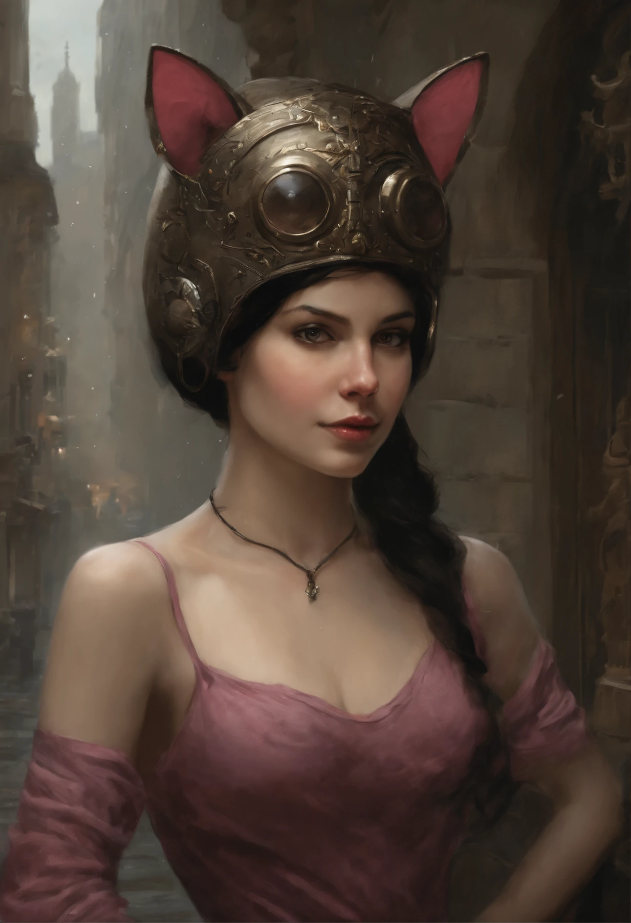 真实感, dark fantasy style, John Tolkien style, Small painting by Jean-Baptiste Monge, portraite of a, looks from the front, Soft facial features, wear a headband with cat ears, Rocker Girl, Average height, plump dark pink lips, Engriberts eyebrows, dark brown eyes, looking at away, short straight hair to shoulder blades, Straight short hair, In a short dark silk fitted dress with a large cutout on the chest..., big breastes, Bra, predatory nature, Standing next to a motorcycle, rain is dripping, The city, megalopolis, city trail, big house, glass skyscraper Jean-Baptiste Monge, anthropomorphic --ar 2:3 --testp -optimistic;